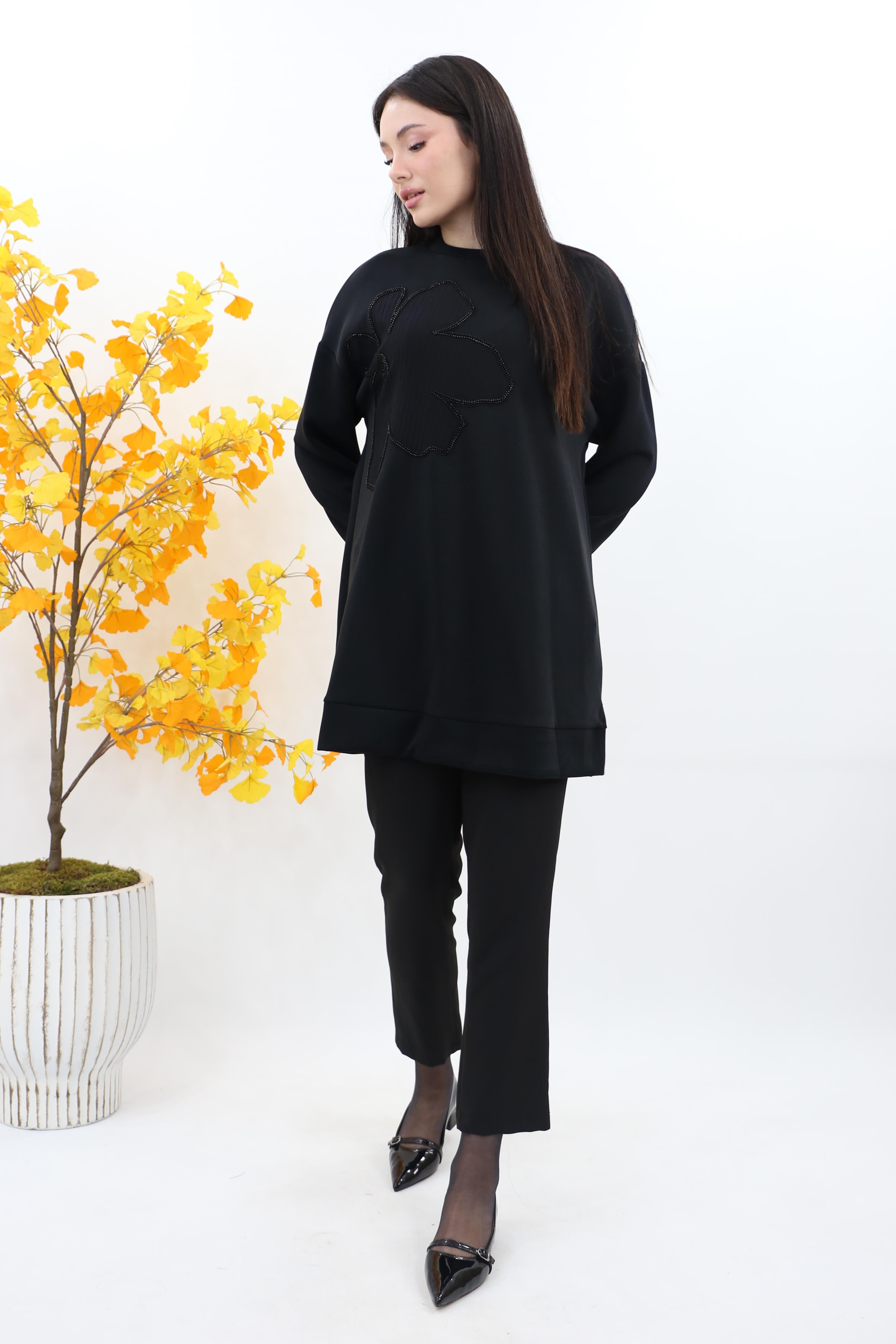 Puane Çiçek Garnili Basic Modal Tunik 10627 - Siyah