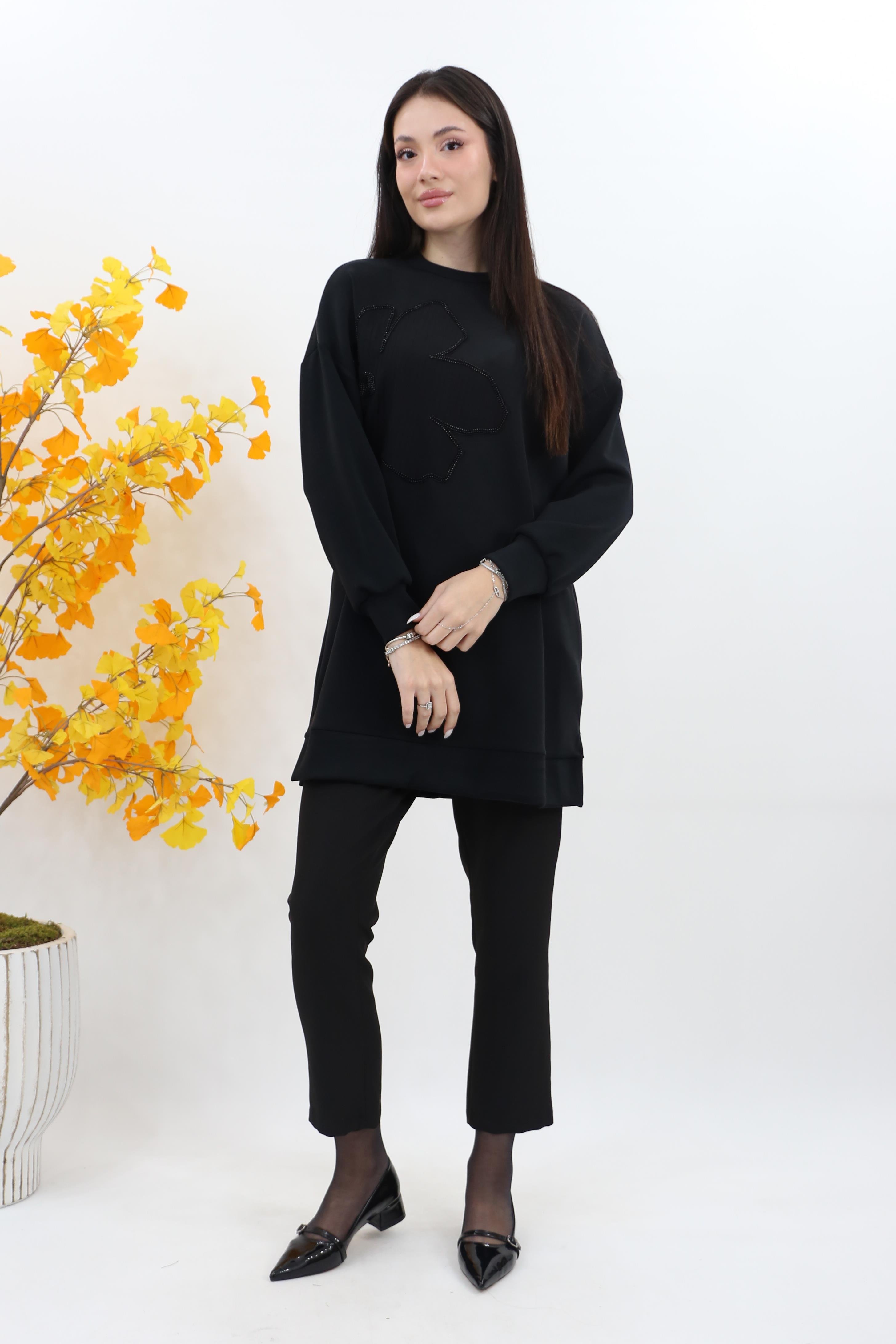 Puane Çiçek Garnili Basic Modal Tunik 10627 - Siyah