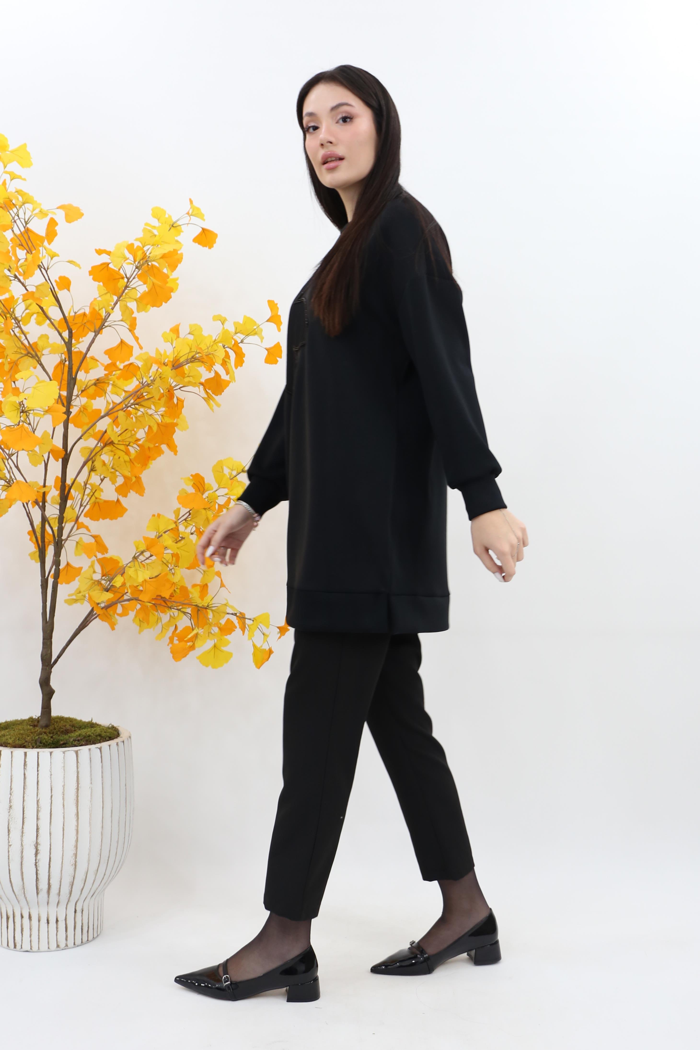 Puane Çiçek Garnili Basic Modal Tunik 10627 - Siyah