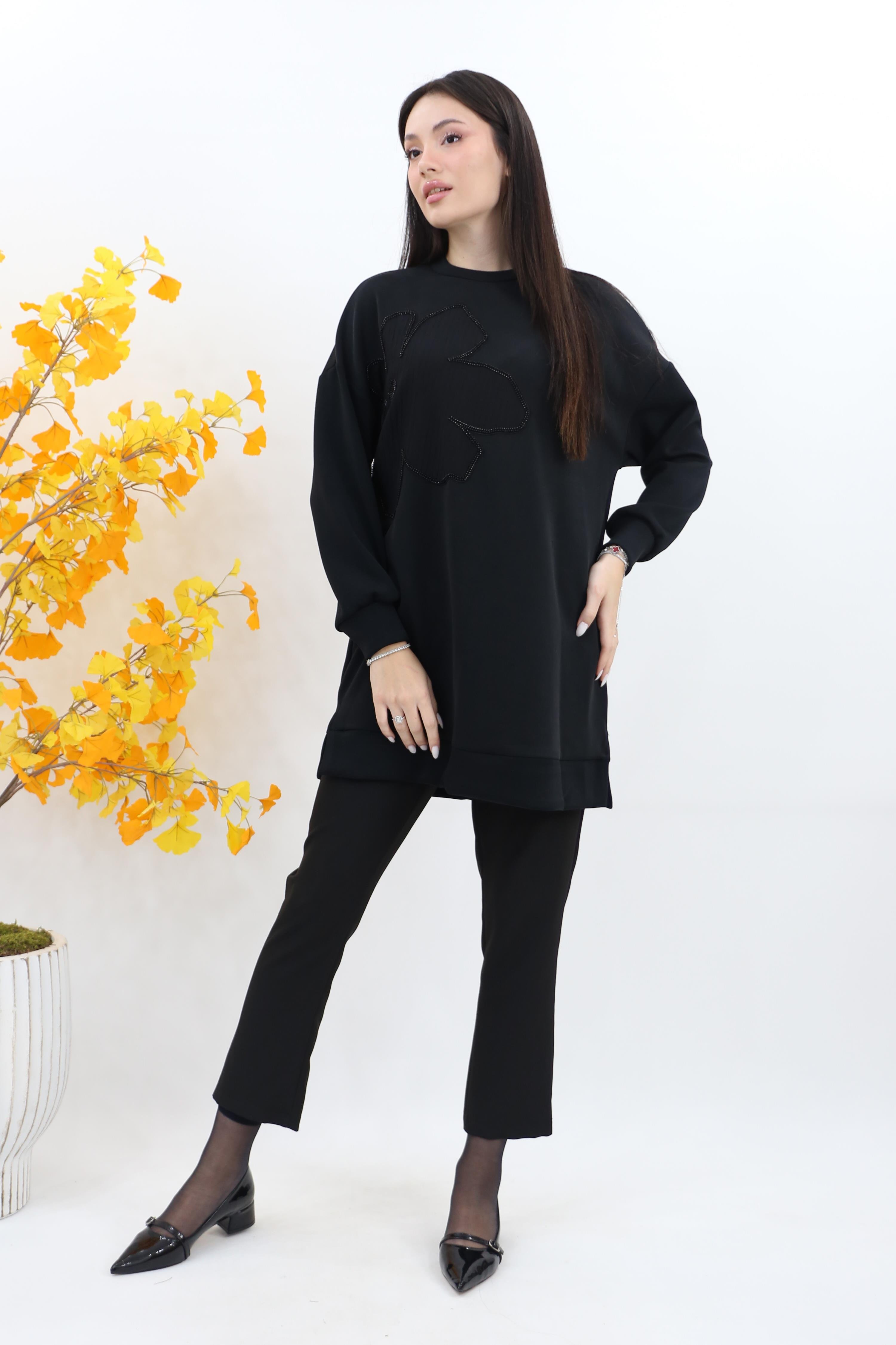 Puane Çiçek Garnili Basic Modal Tunik 10627 - Siyah