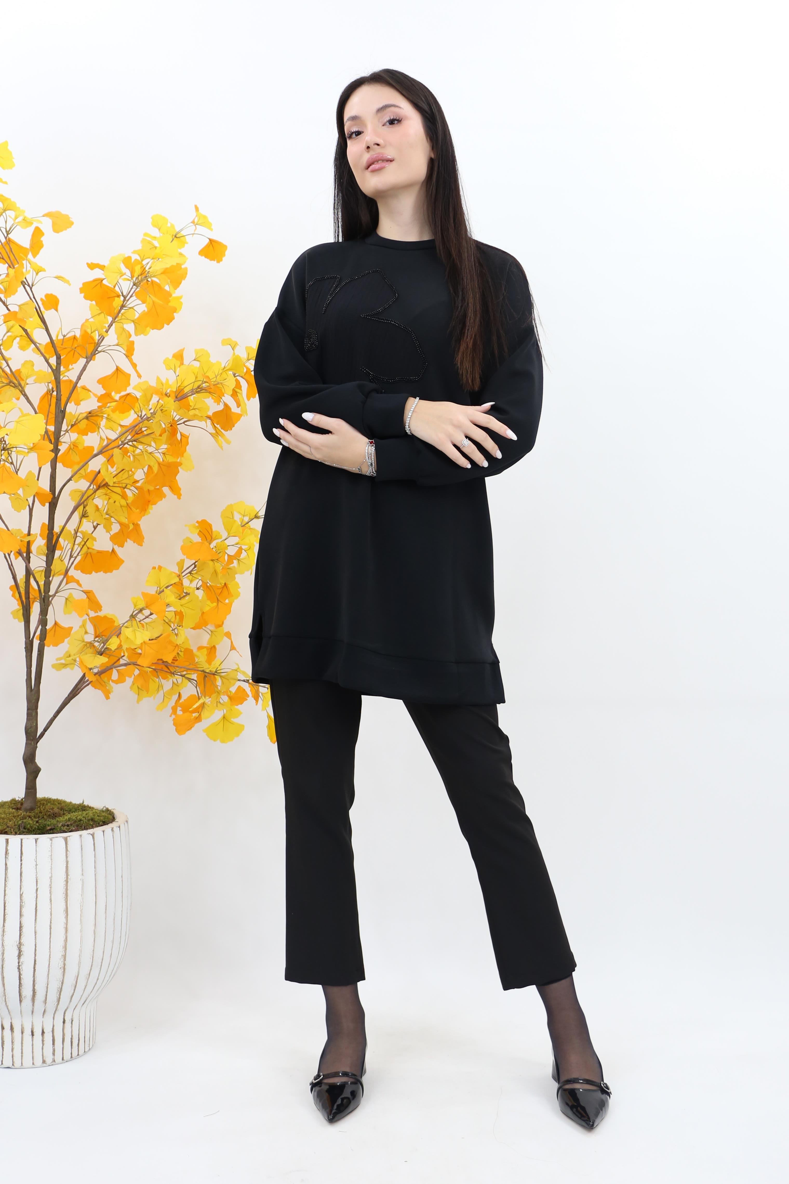 Puane Çiçek Garnili Basic Modal Tunik 10627 - Siyah