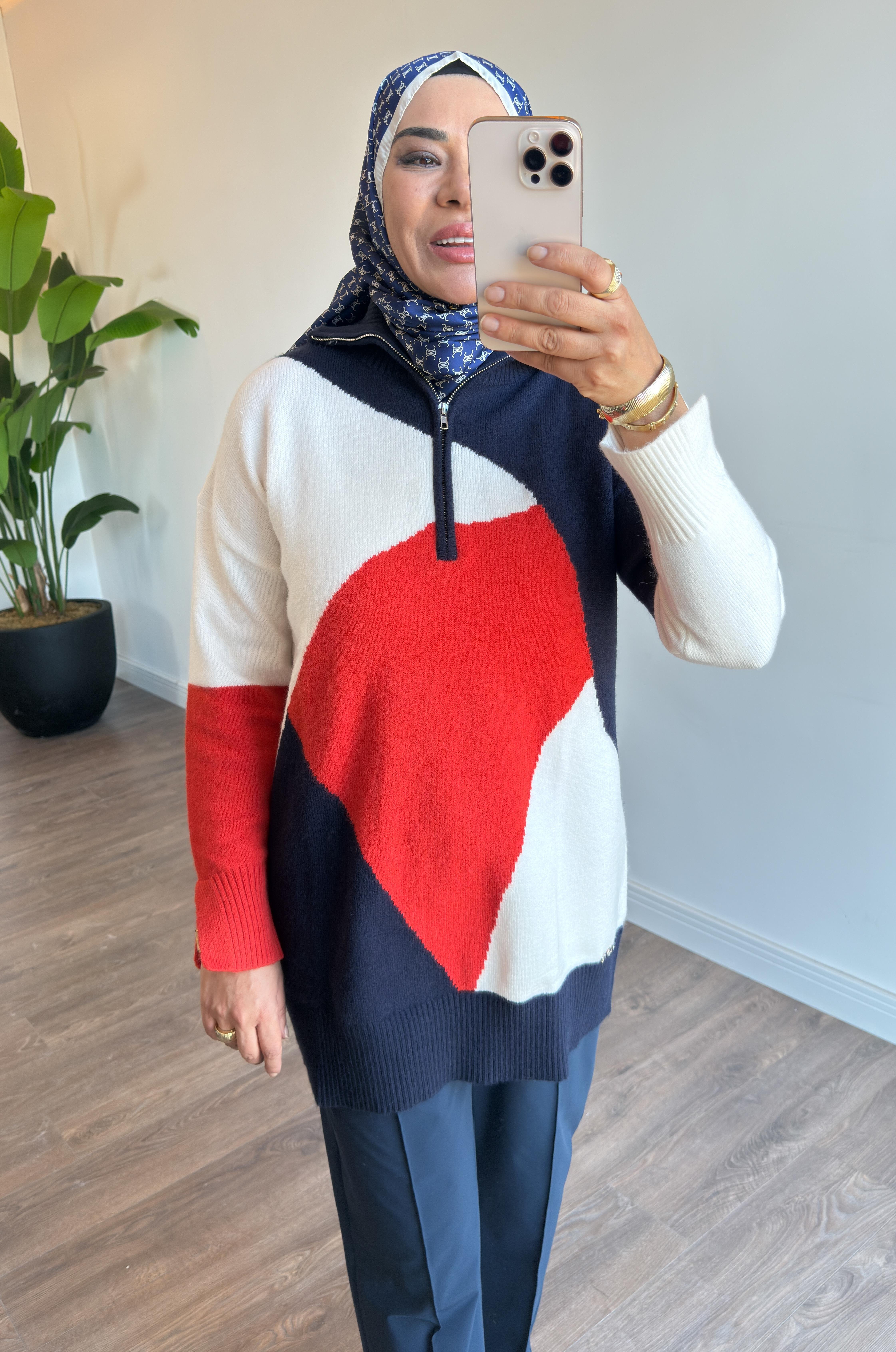 Renk Bloklu Triko Tunik - Mercan