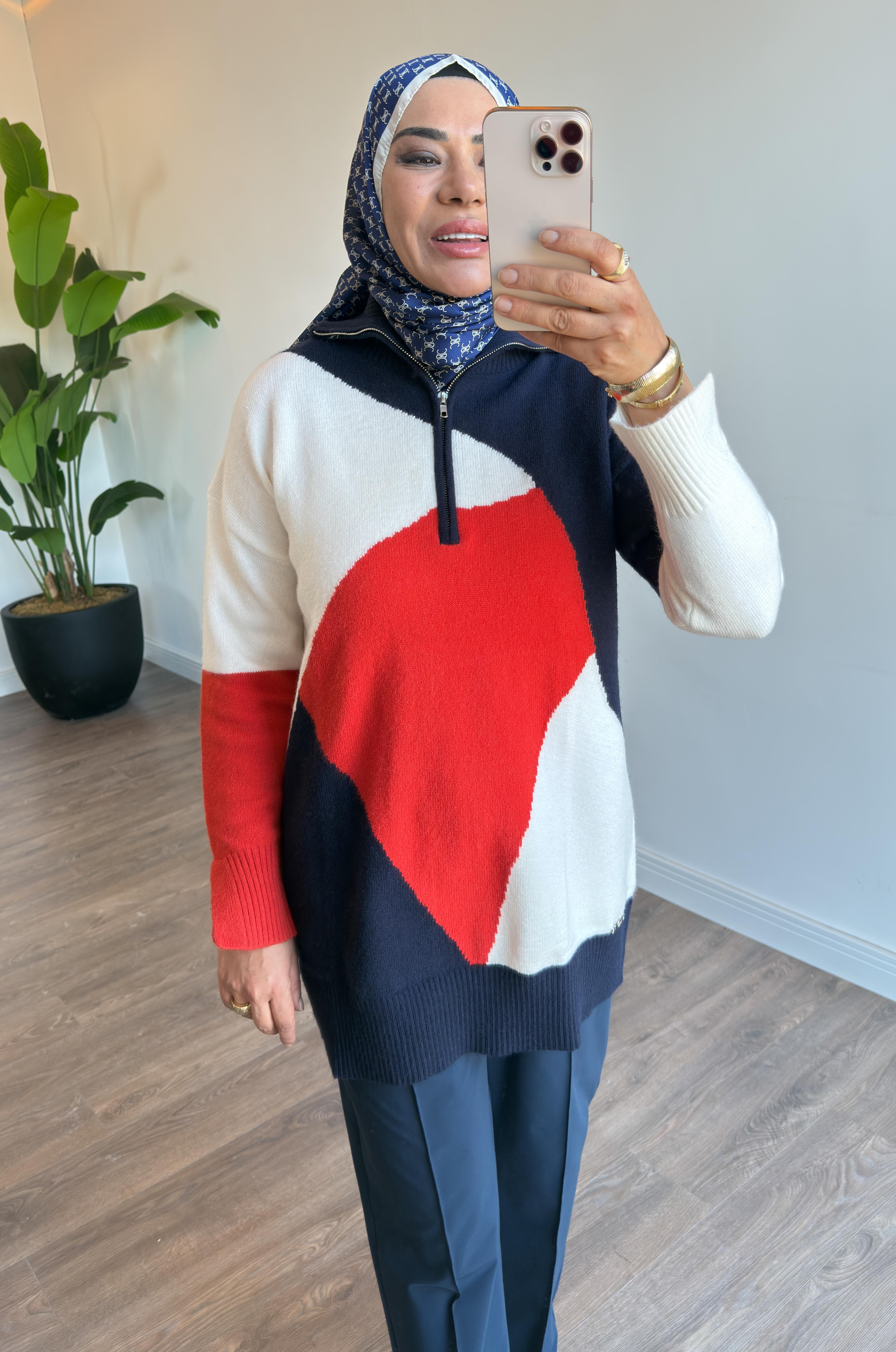 Renk Bloklu Triko Tunik - Mercan