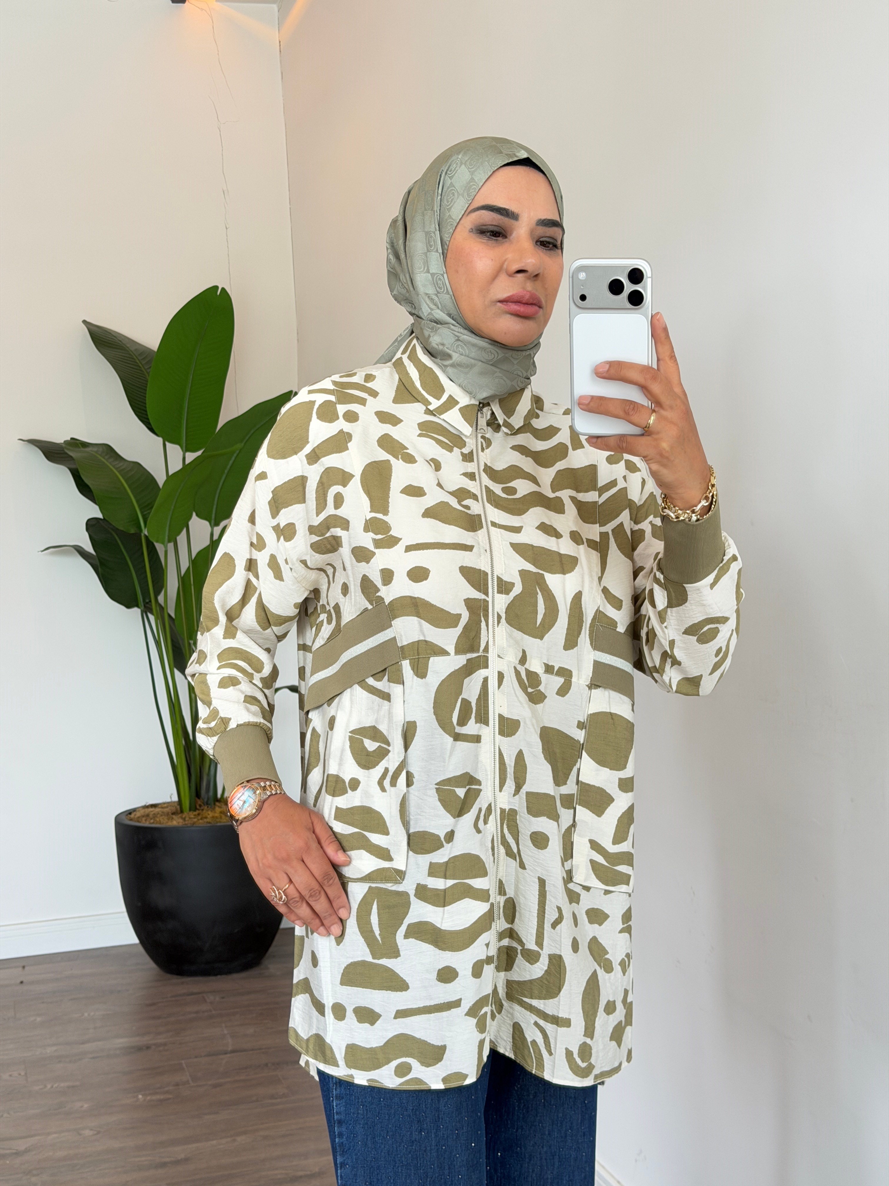 Ribana Detaylı Desenli Gömlek - Olive