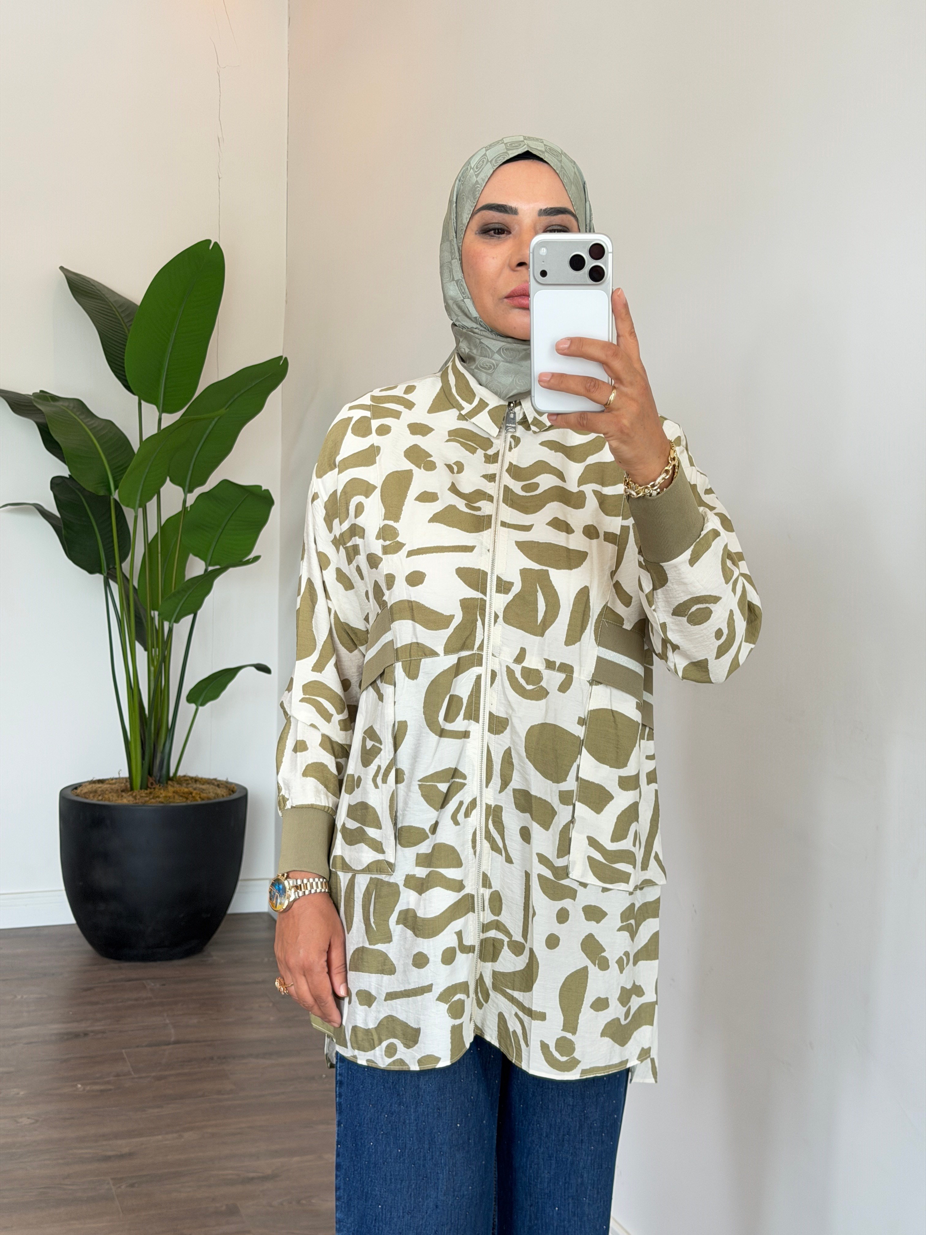 Ribana Detaylı Desenli Gömlek - Olive