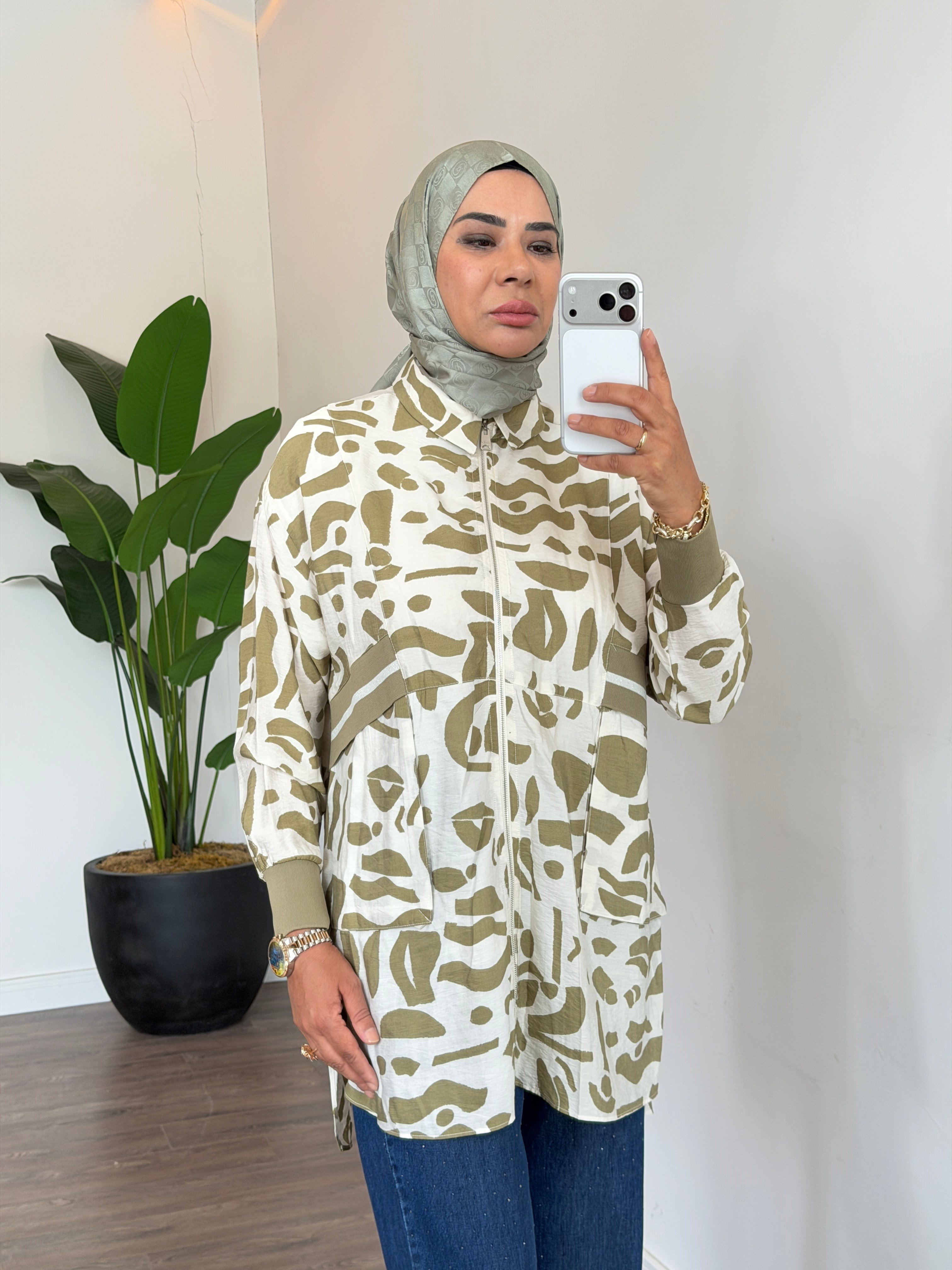 Ribana Detaylı Desenli Gömlek - Olive