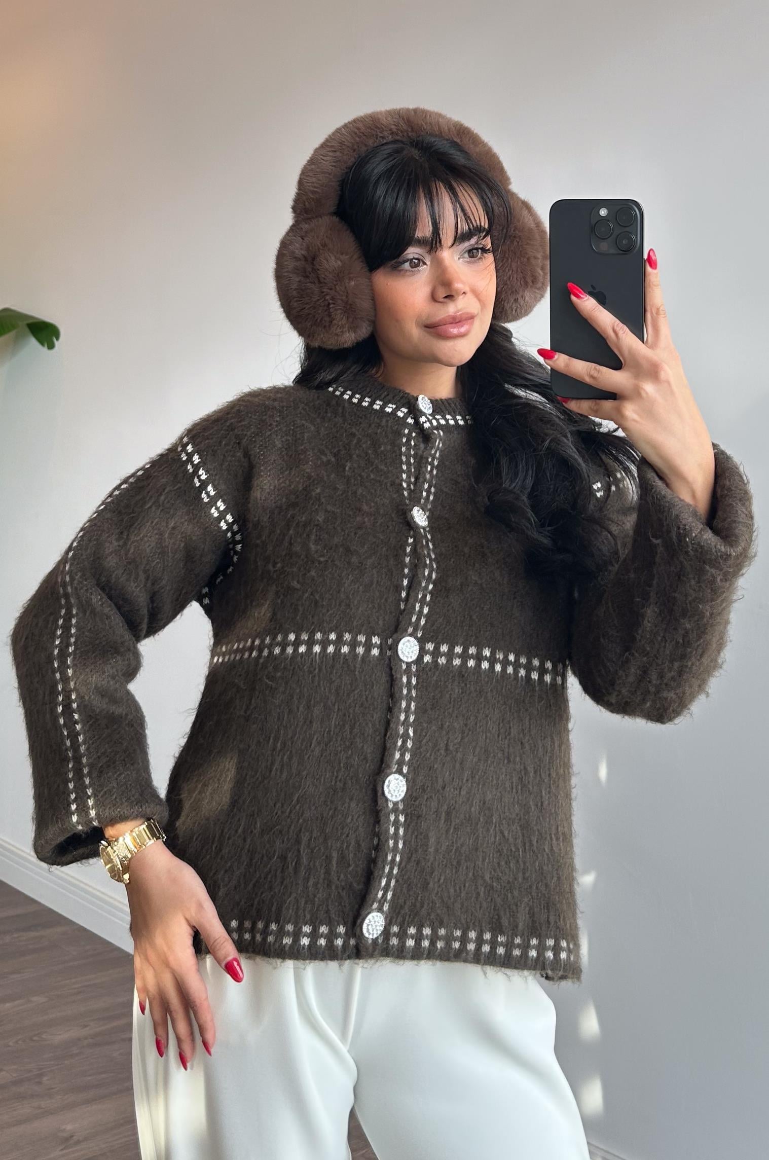 Şardonlu Kontrast Hırka - Kahve