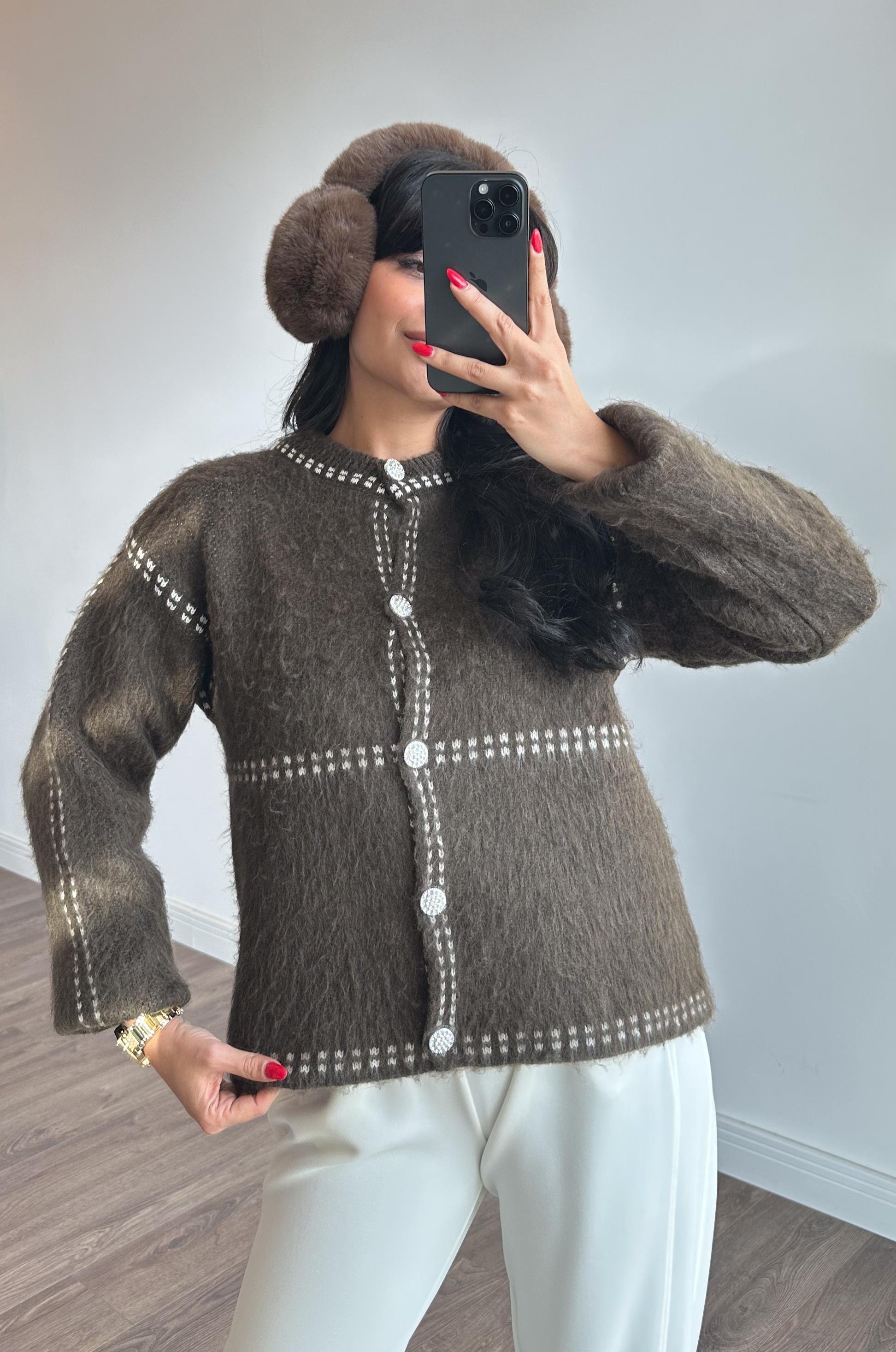 Şardonlu Kontrast Hırka - Kahve