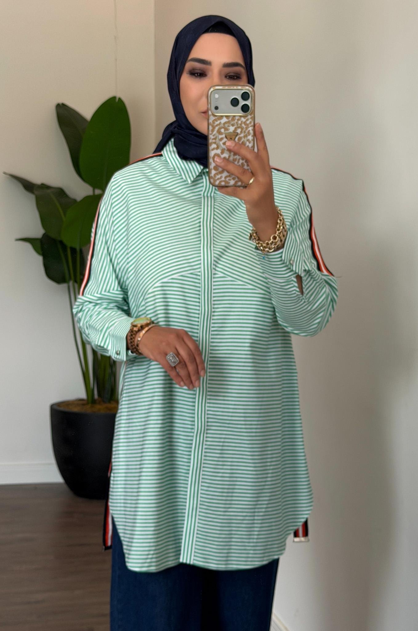 Şerit Aksesuarlı Çizgili Gömlek - Yeşil