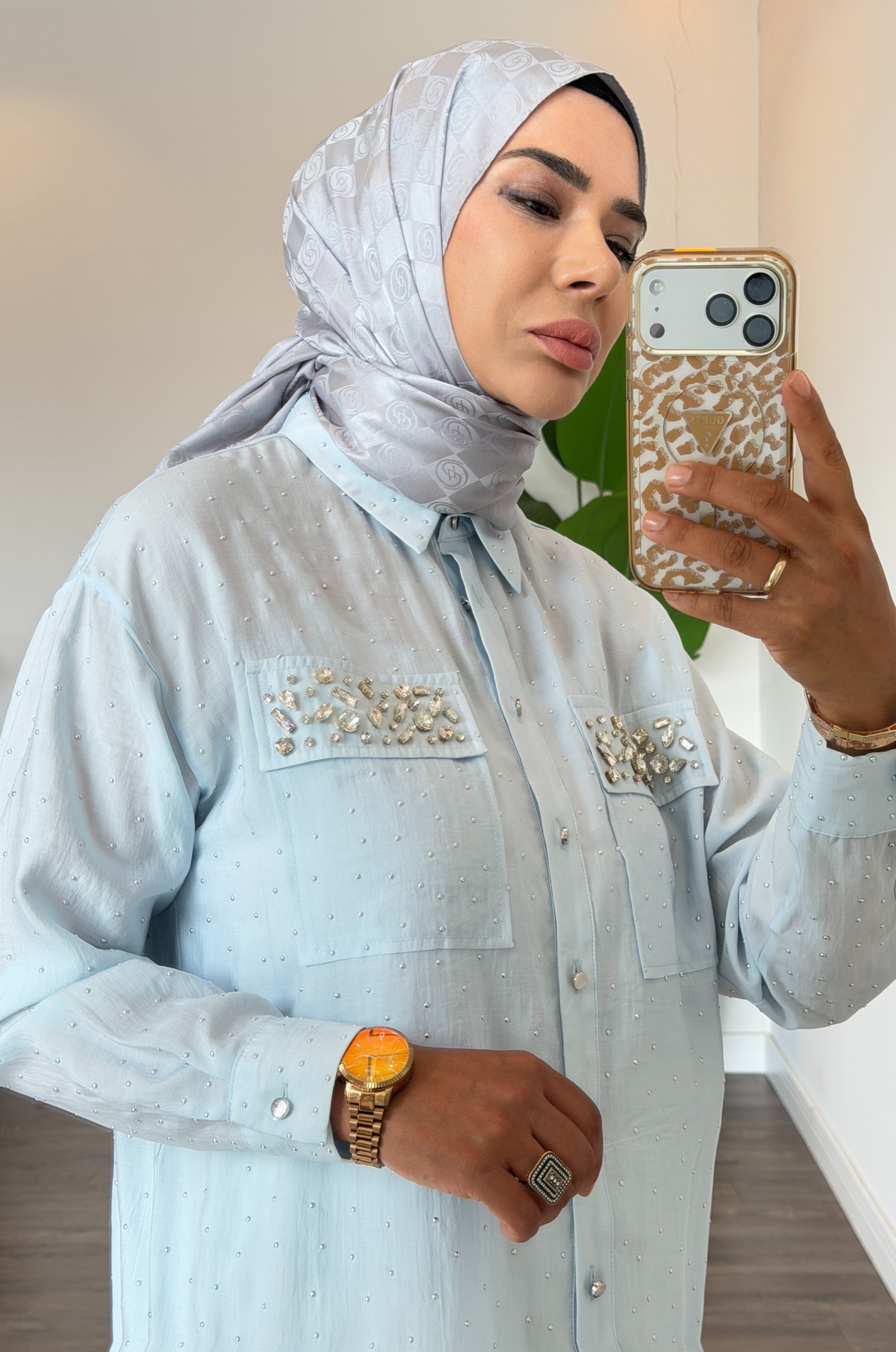 Serpme Metal Aksesuarlı Taşlı Gömlek - Bebe Mavisi