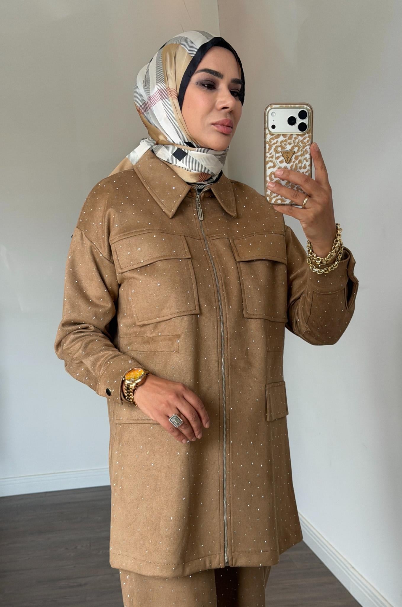 Serpme Taşlı Süet Takım - Camel