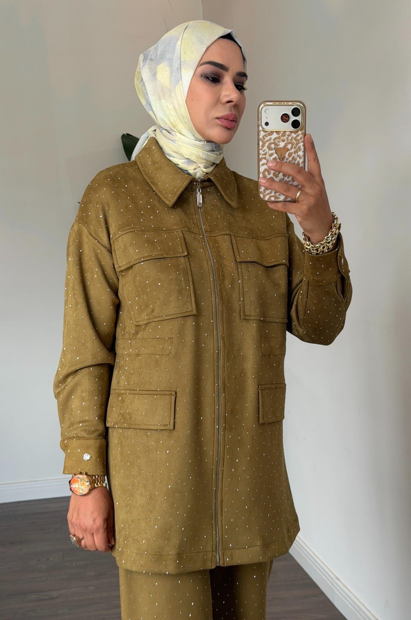 Serpme Taşlı Süet Takım - Olive