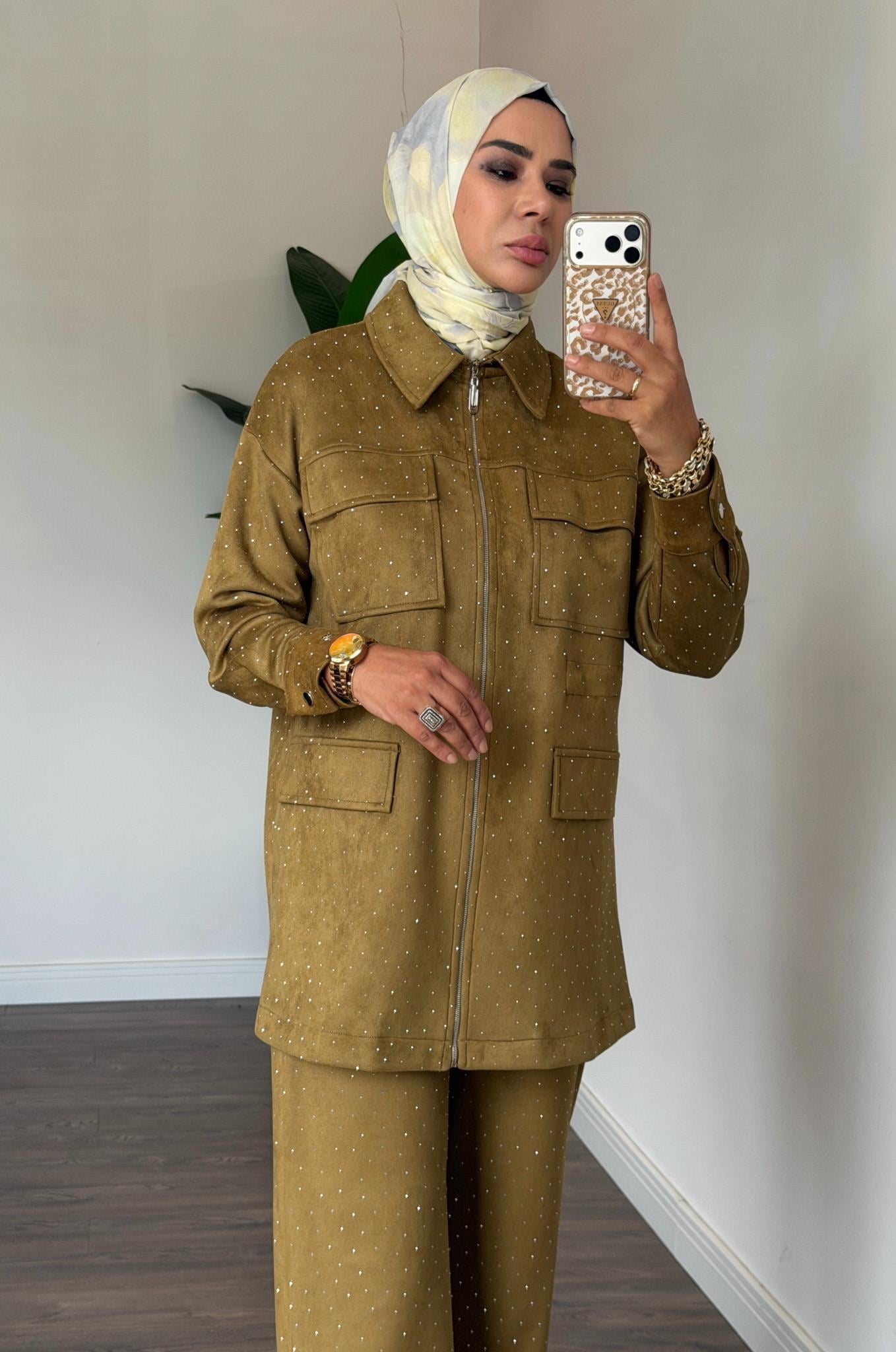 Serpme Taşlı Süet Takım - Olive