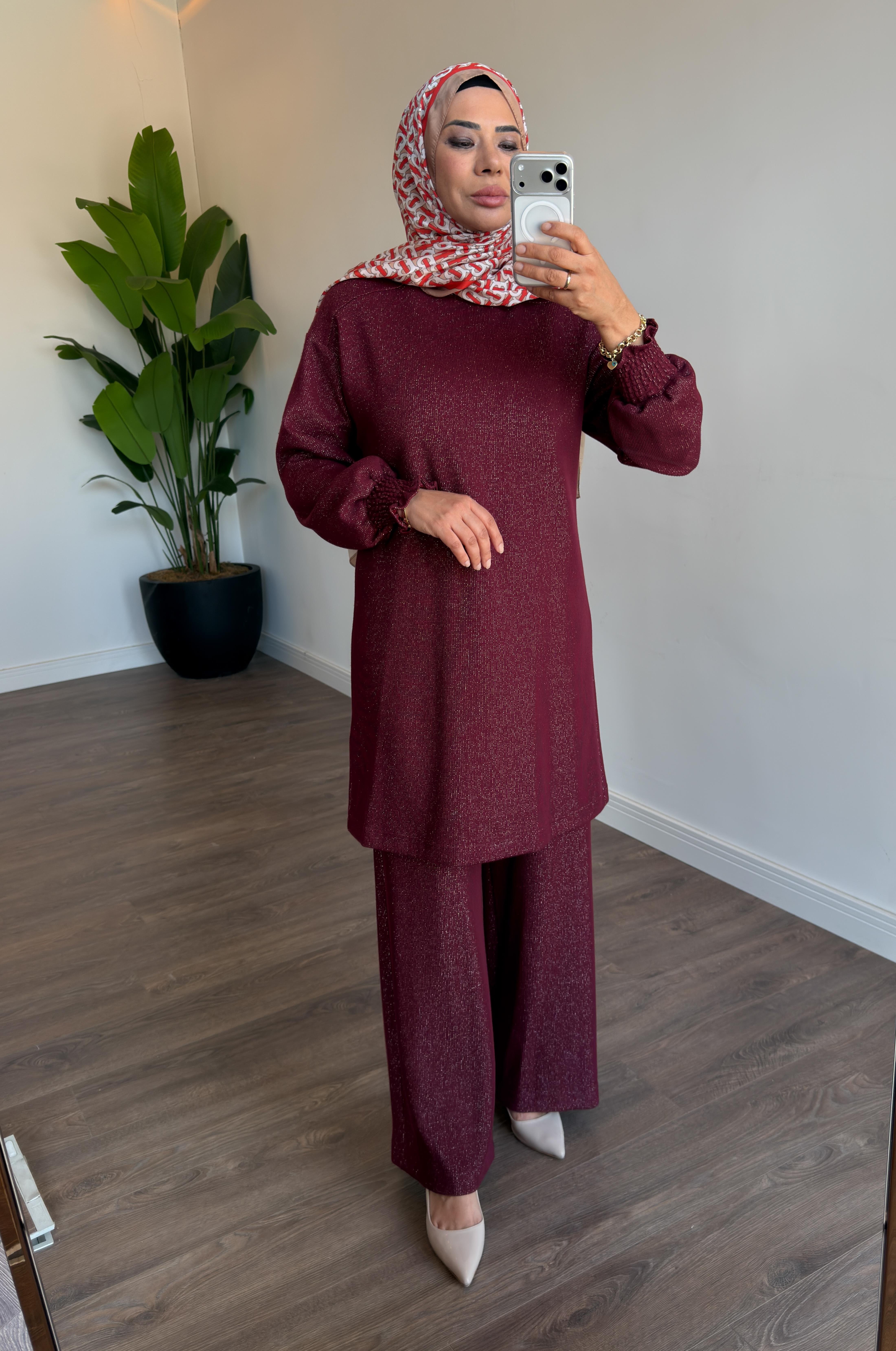 Simli Frfır Detaylı Pantolonlu İkili Takım - Bordo