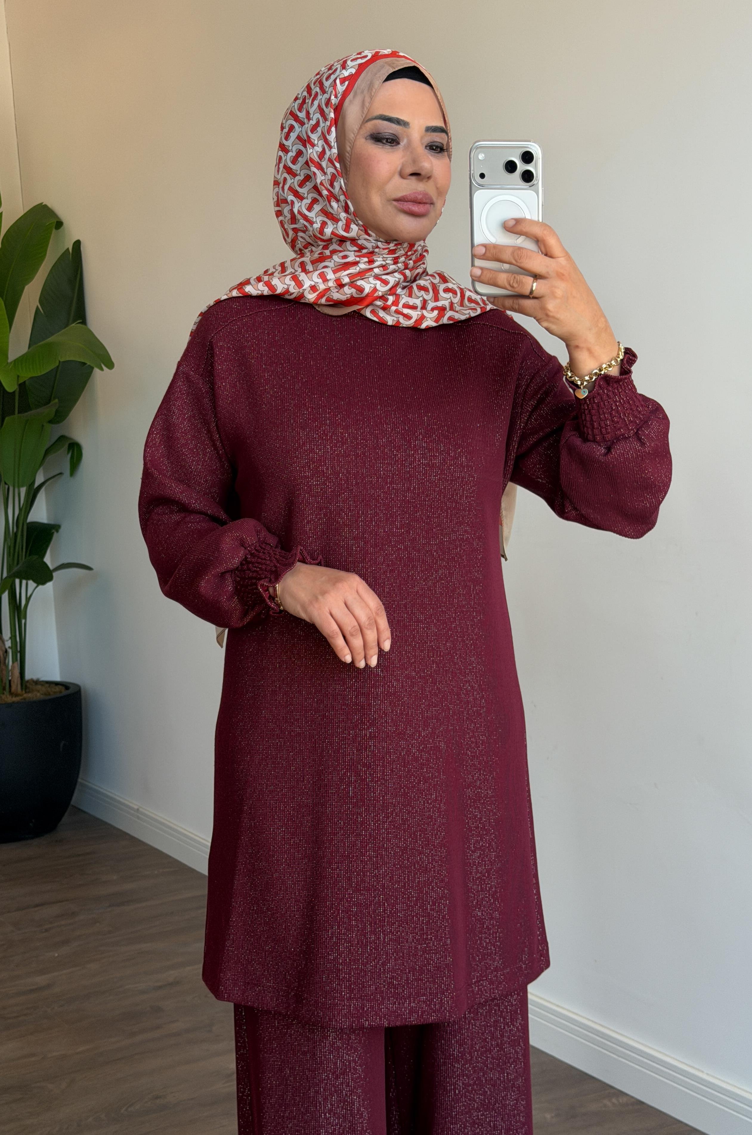 Simli Frfır Detaylı Pantolonlu İkili Takım - Bordo