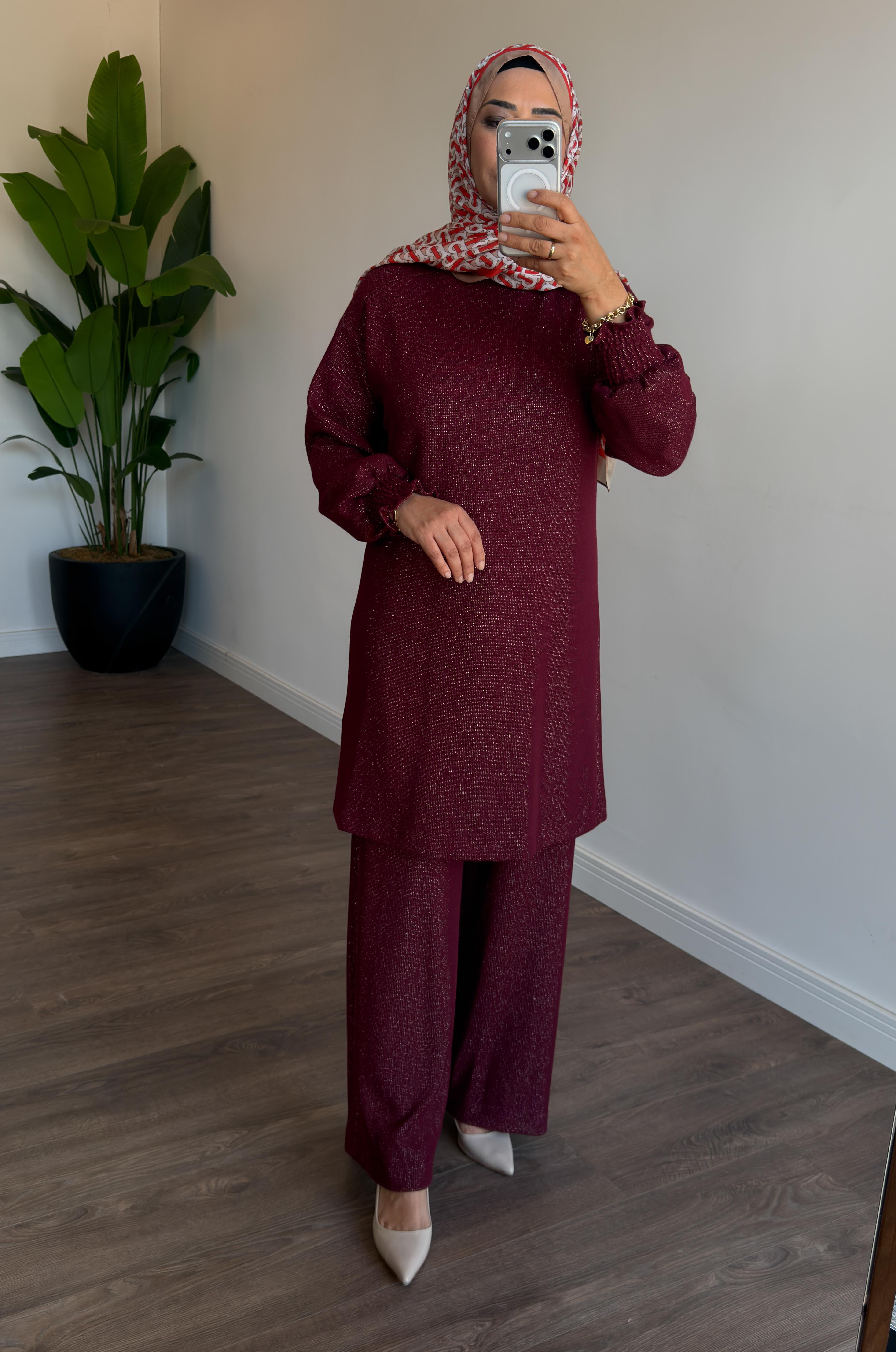 Simli Frfır Detaylı Pantolonlu İkili Takım - Bordo