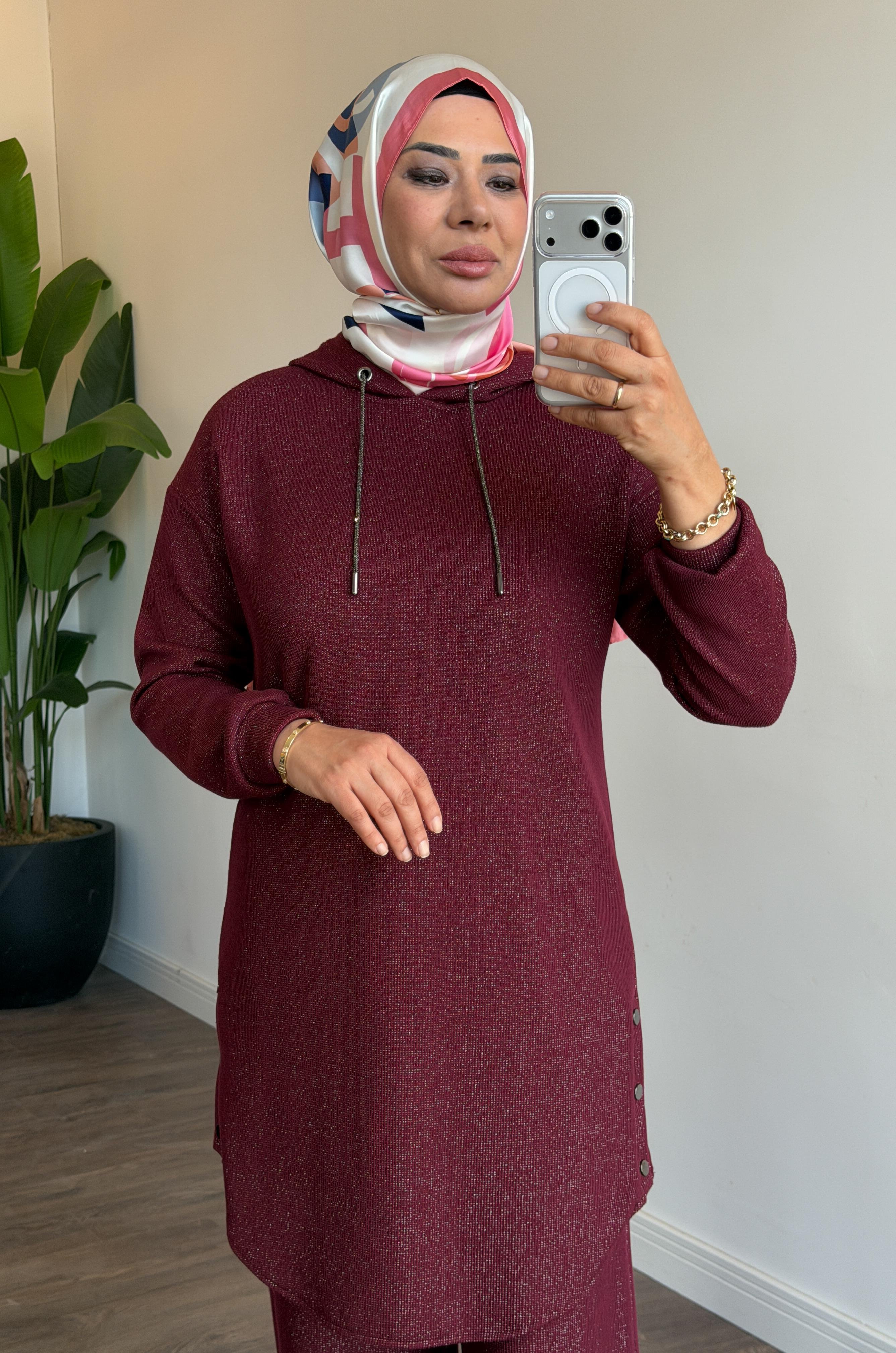 Simli Kumaş Kapüşonlu Pantolonlu İkili Takım - Bordo