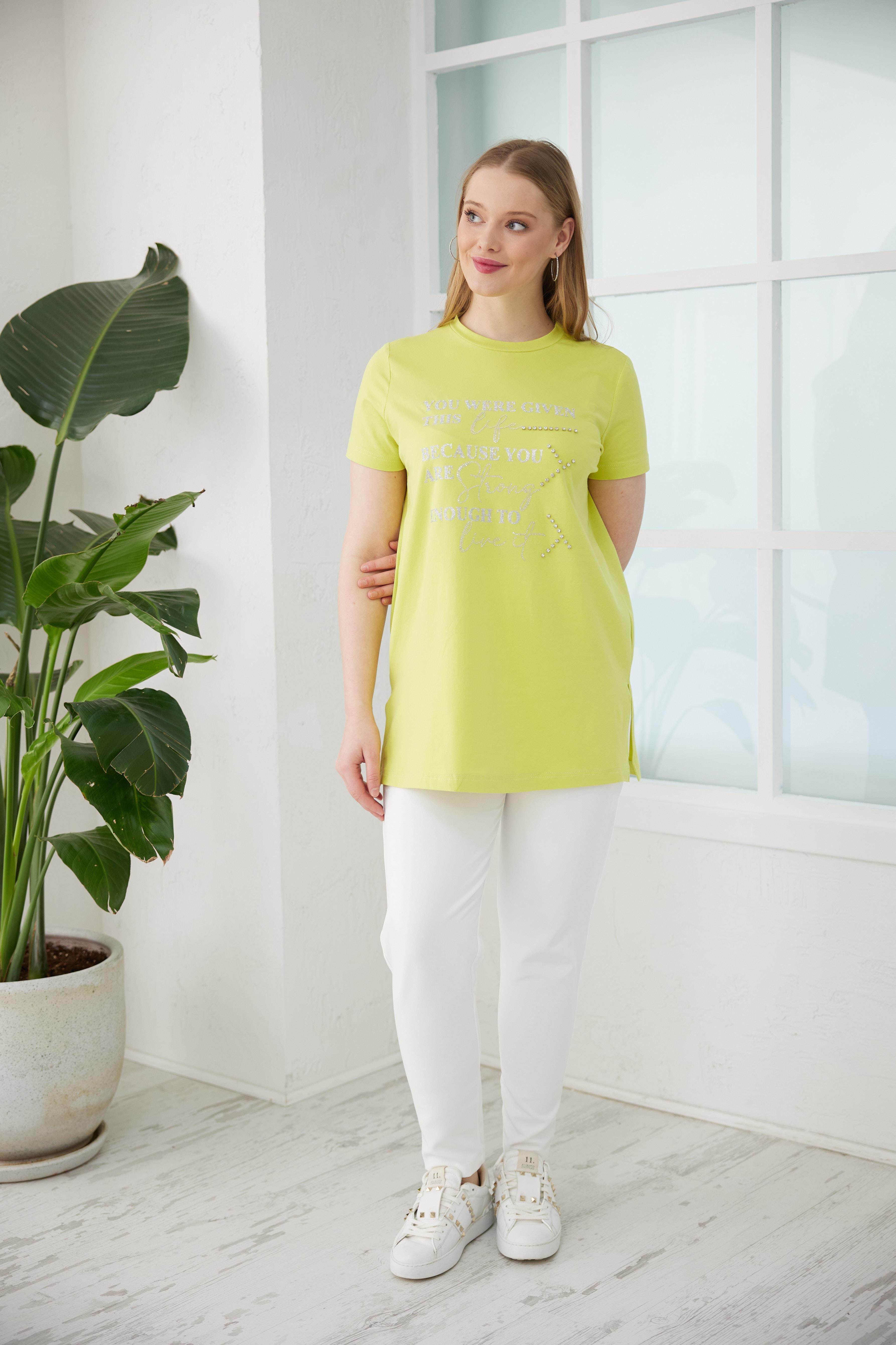 Simli Taş İşlemeli Yazılı T-Shirt - Lime