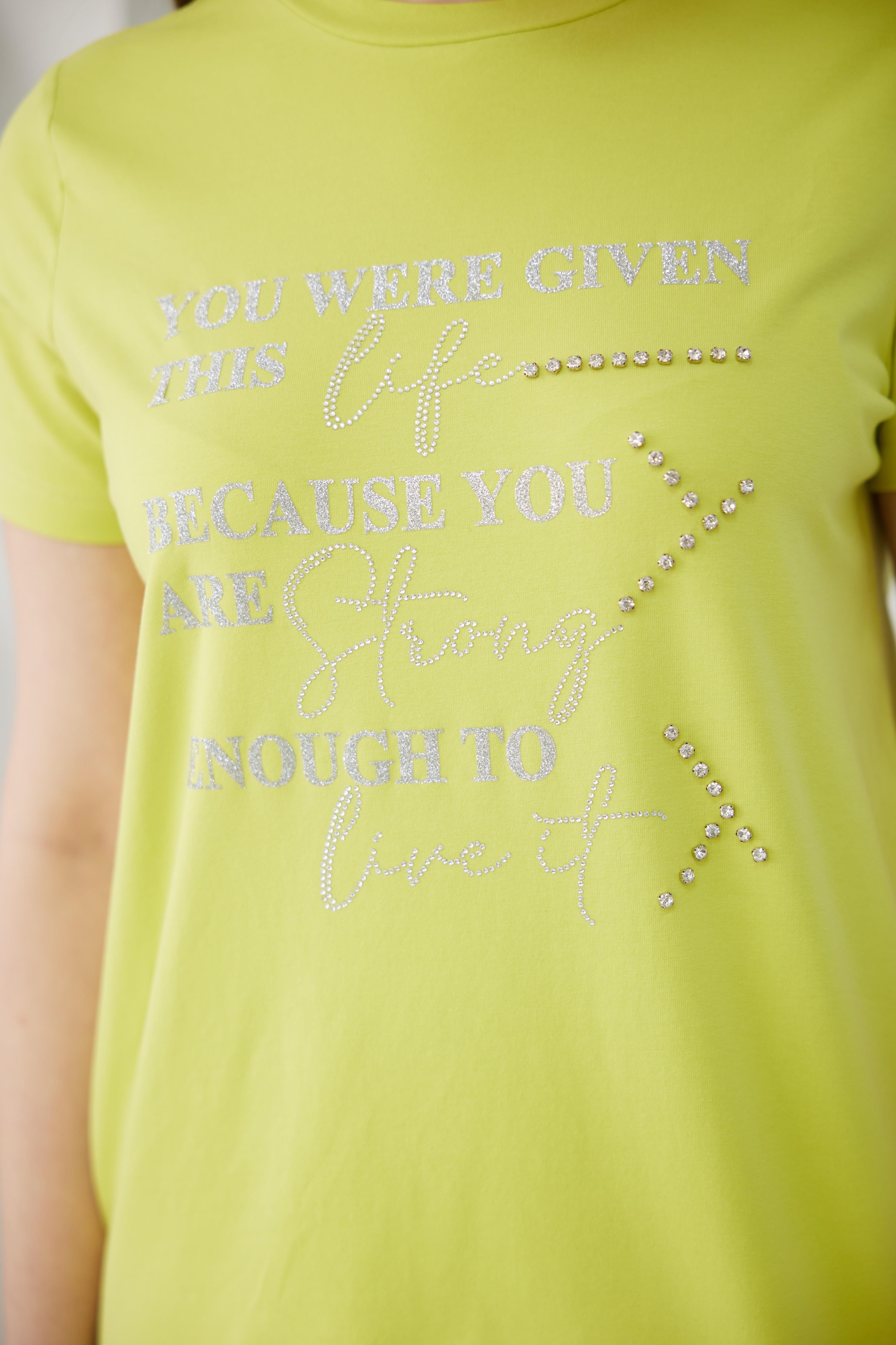 Simli Taş İşlemeli Yazılı T-Shirt - Lime