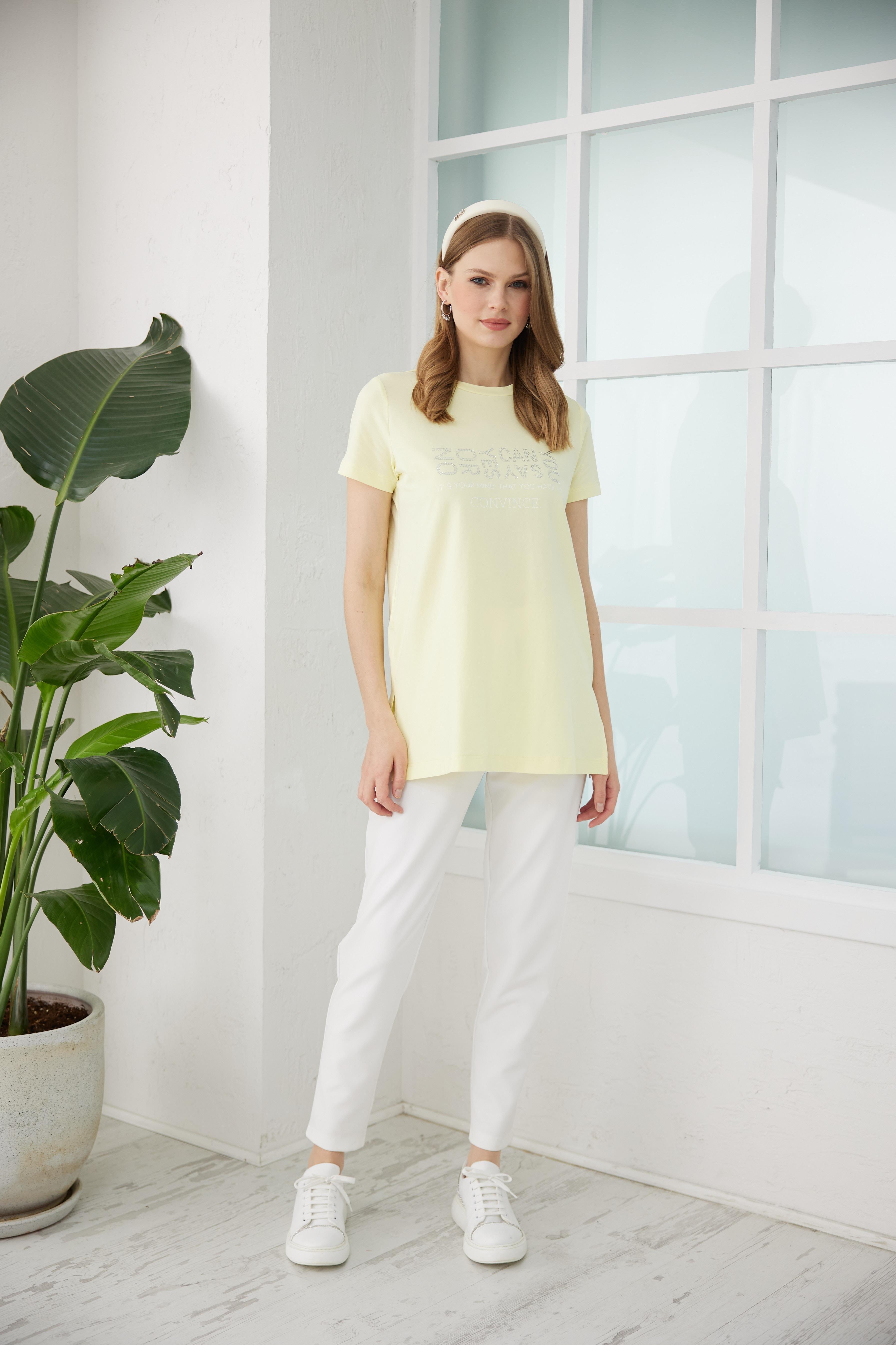 Taş Baskılı T-Shirt - Sarı