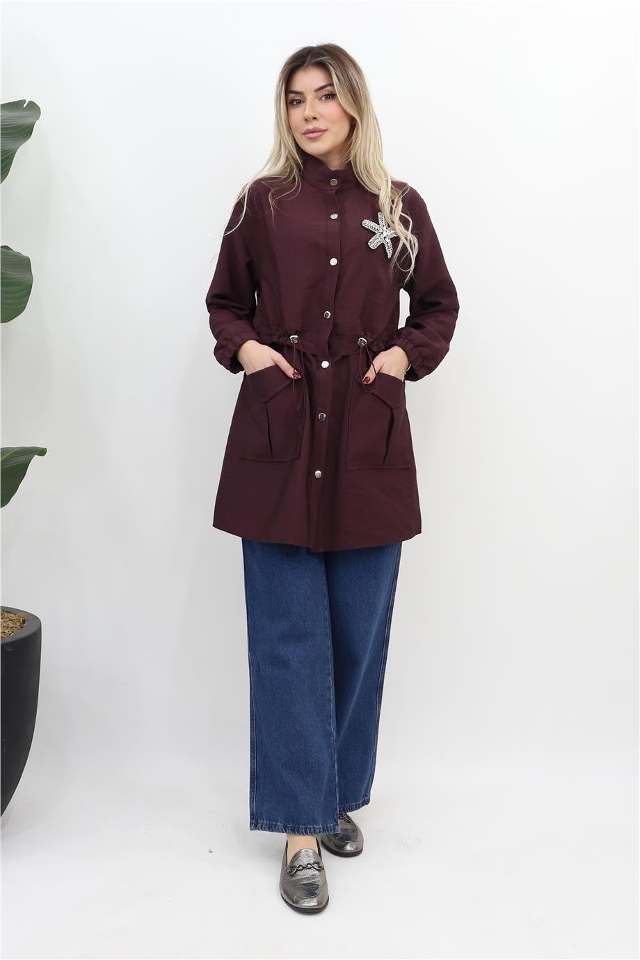 Taş Detaylı Beli Büzgülü Tunik - Bordo