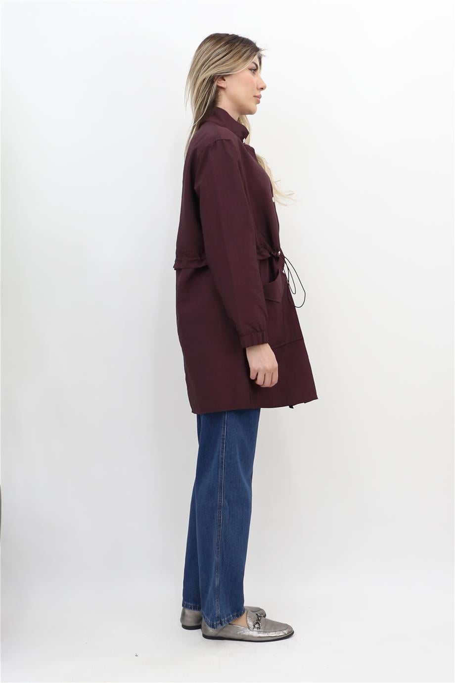 Taş Detaylı Beli Büzgülü Tunik - Bordo