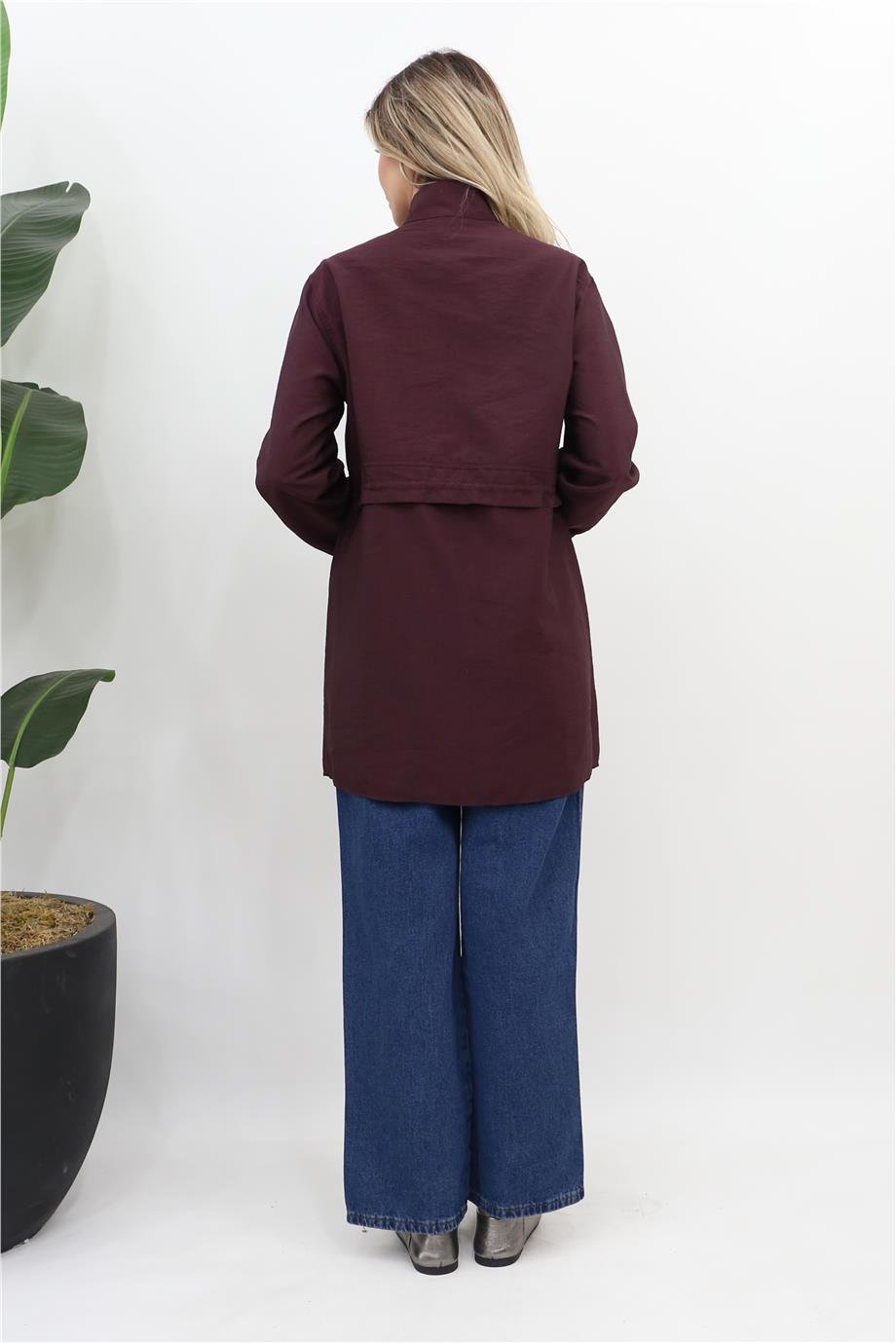 Taş Detaylı Beli Büzgülü Tunik - Bordo