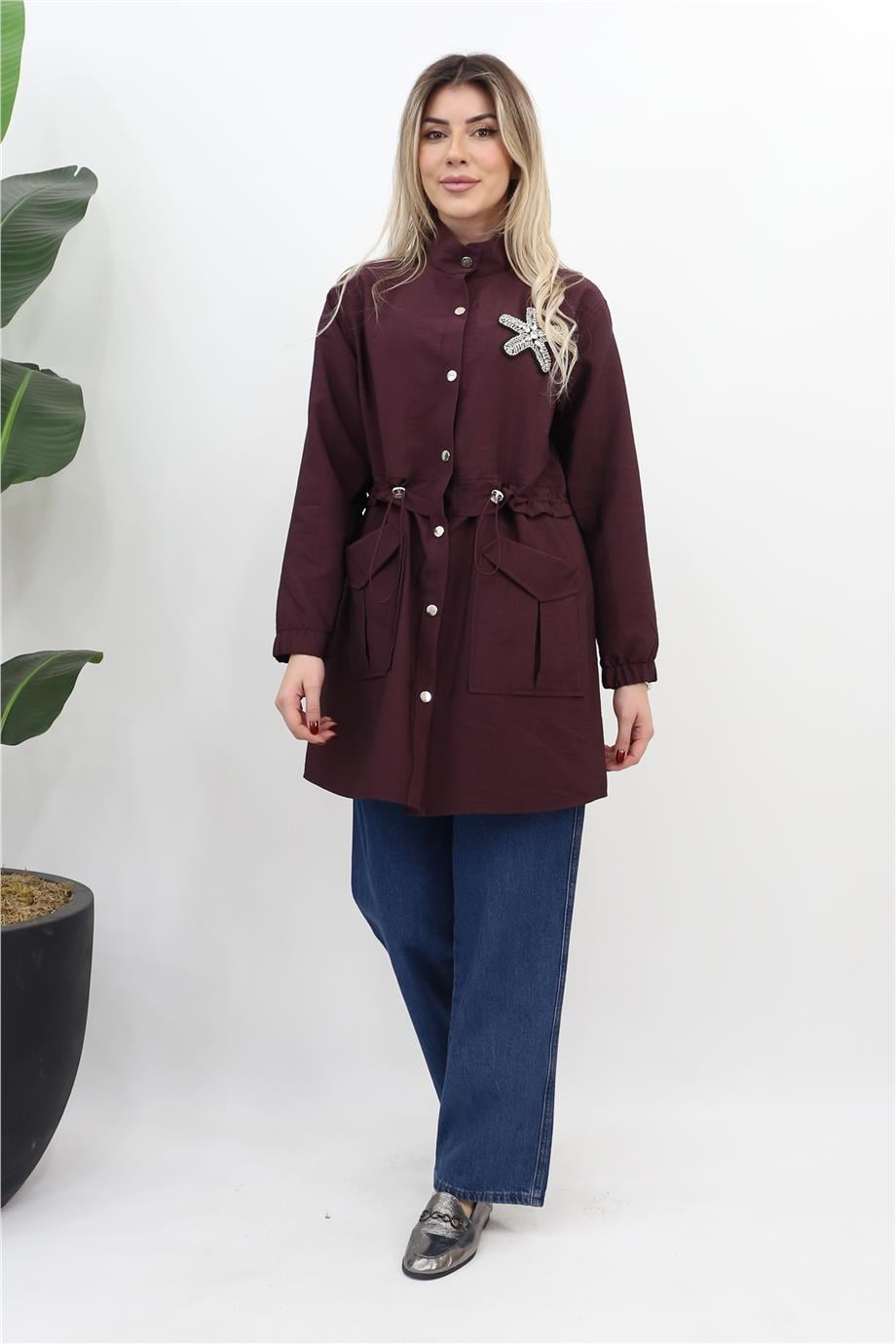 Taş Detaylı Beli Büzgülü Tunik - Bordo