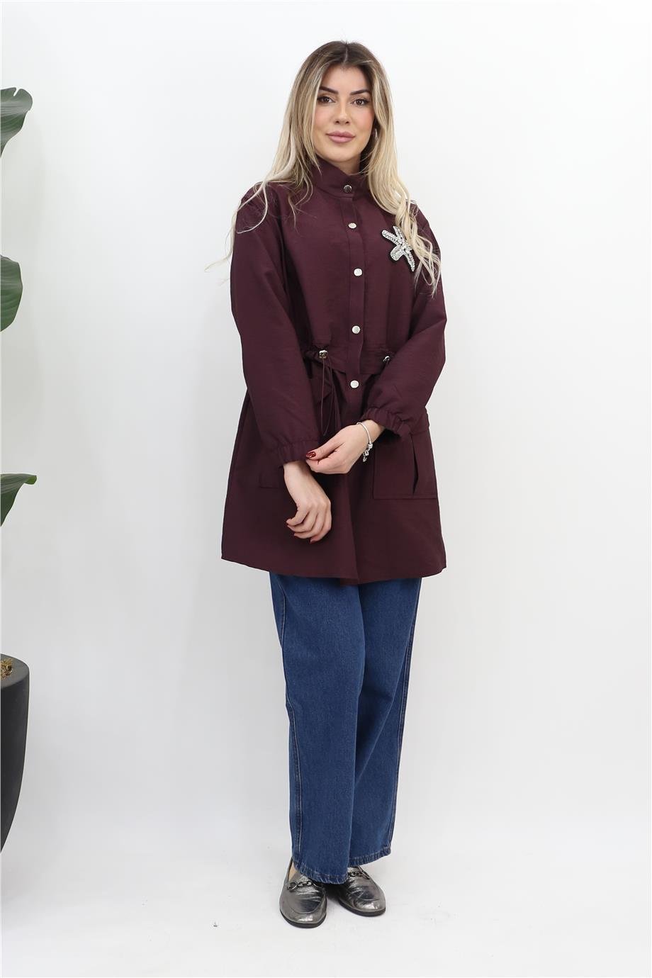 Taş Detaylı Beli Büzgülü Tunik - Bordo