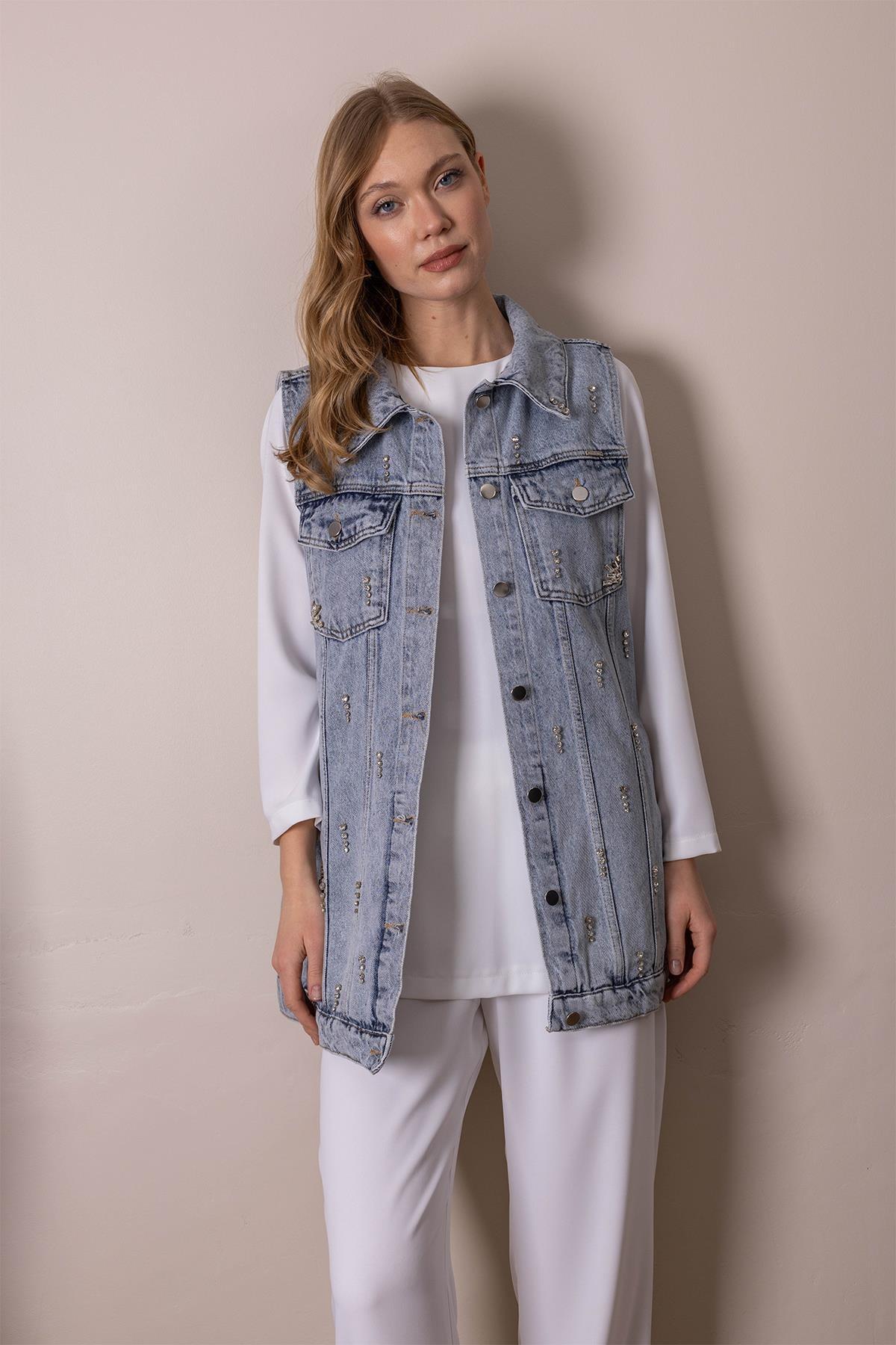 Taş Detaylı Denim Yelek - Buz Mavisi