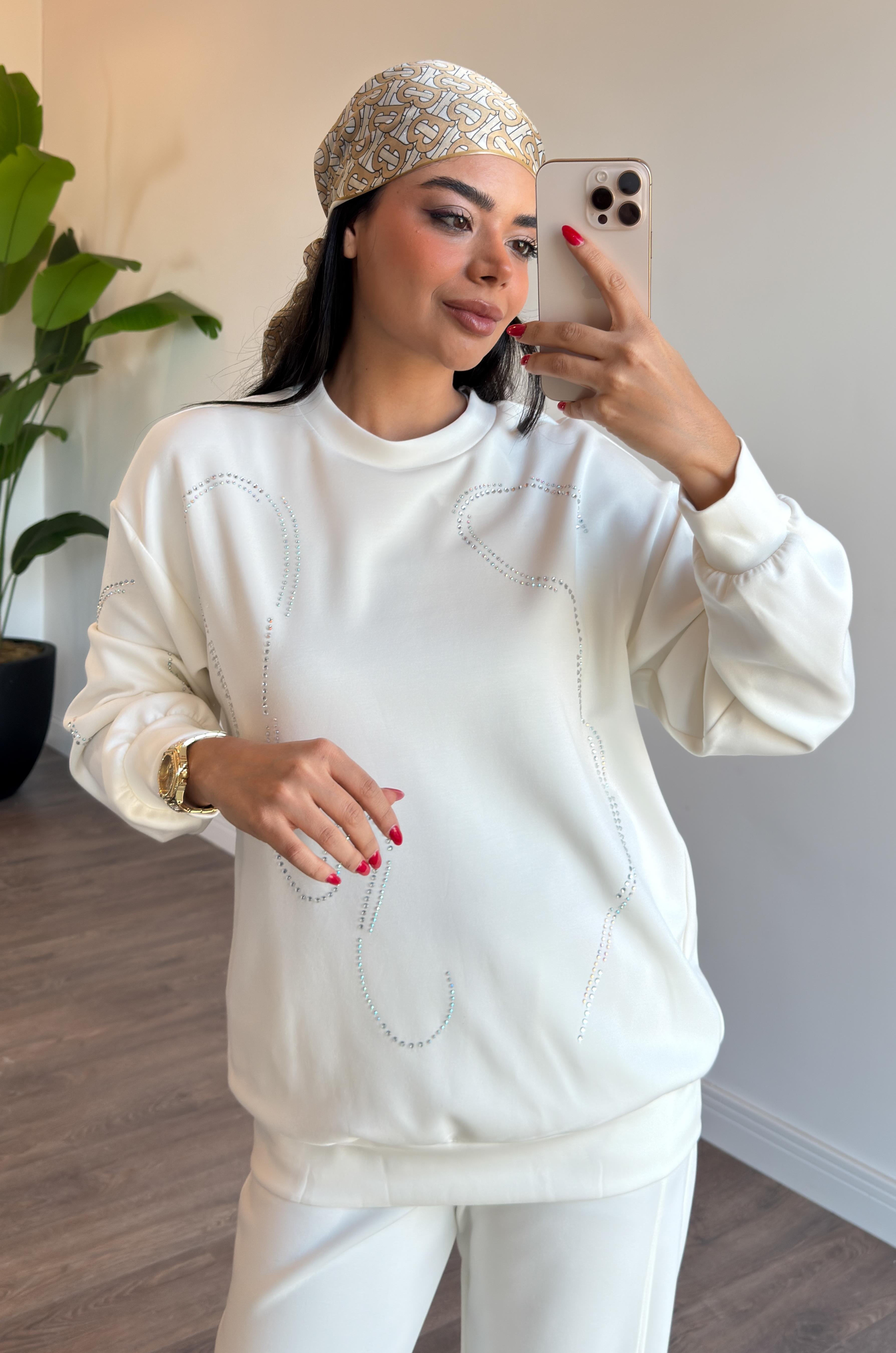 Taş İşleme Detaylı Basic Sweat Tunik - Ekru