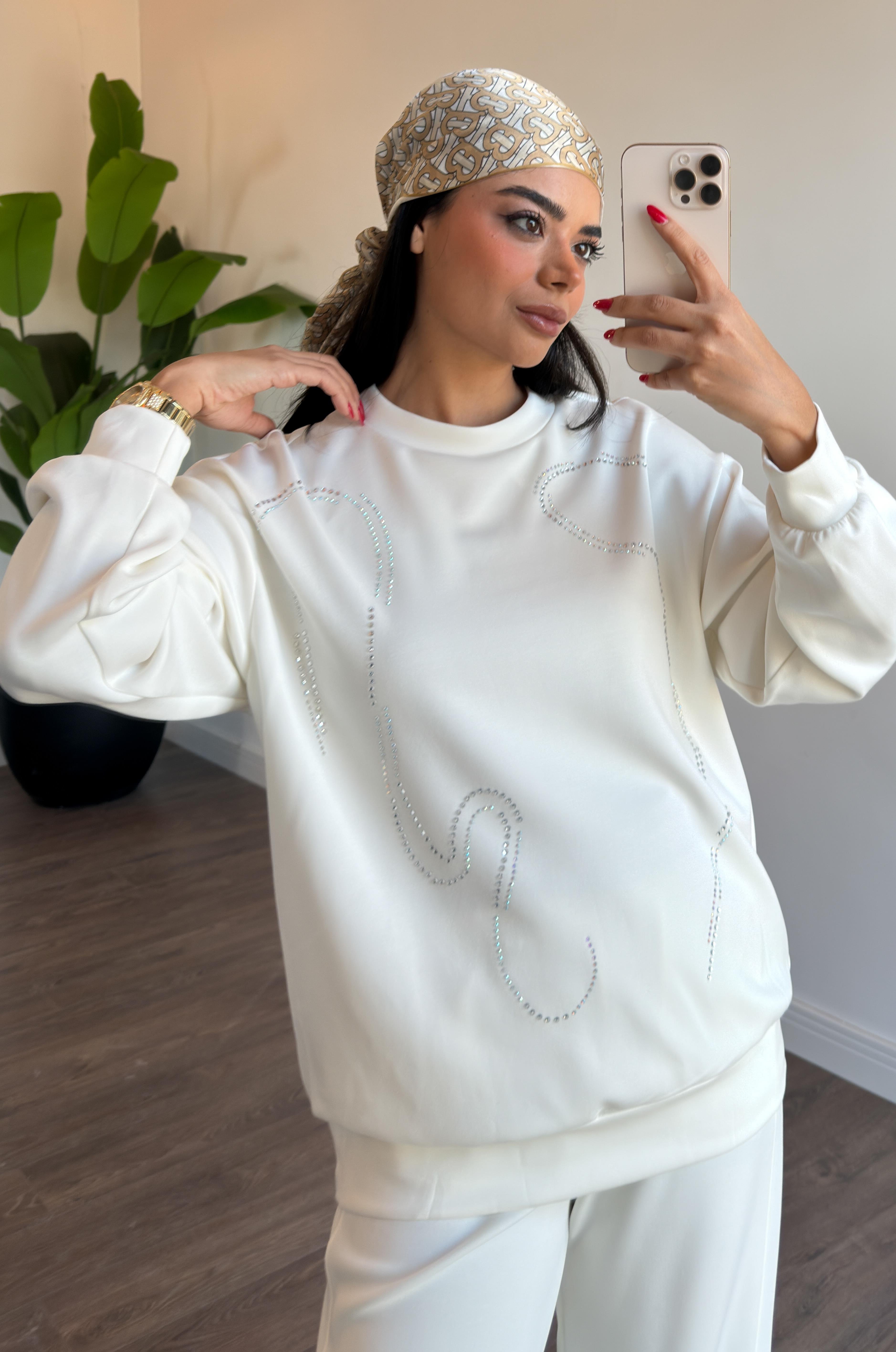 Taş İşleme Detaylı Basic Sweat Tunik - Ekru