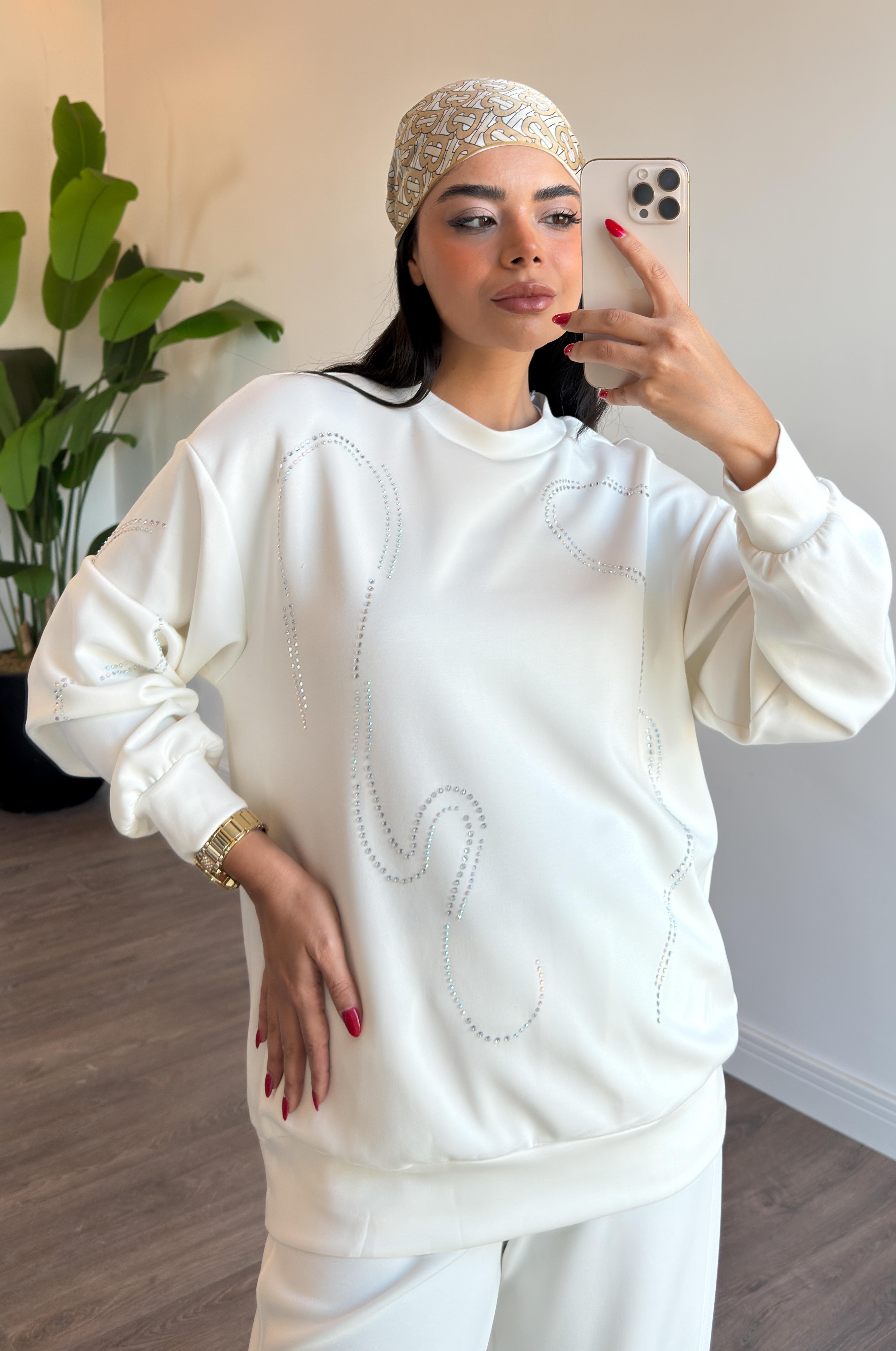 Taş İşleme Detaylı Basic Sweat Tunik - Ekru