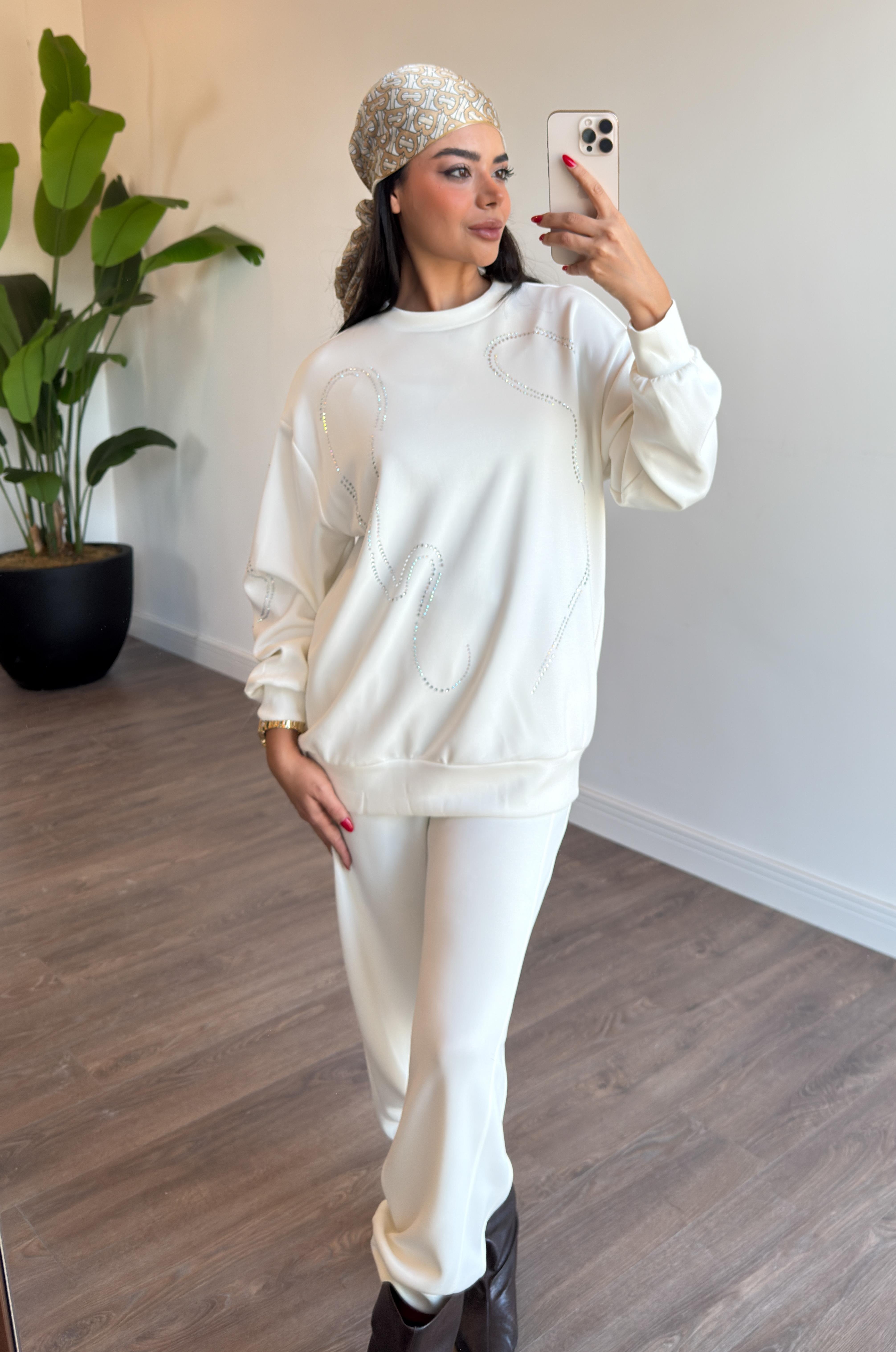 Taş İşleme Detaylı Basic Sweat Tunik - Ekru