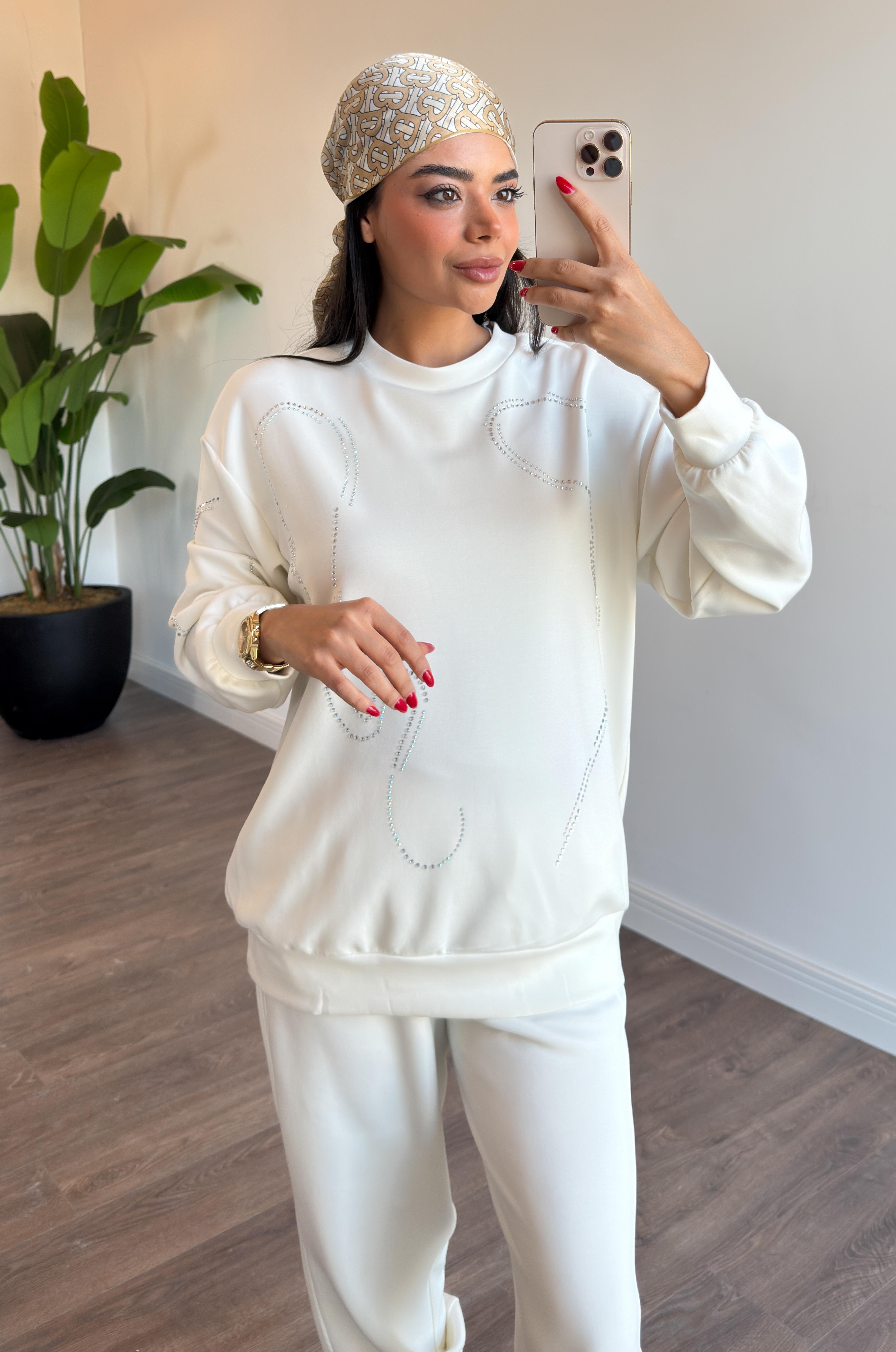 Taş İşleme Detaylı Basic Sweat Tunik - Ekru