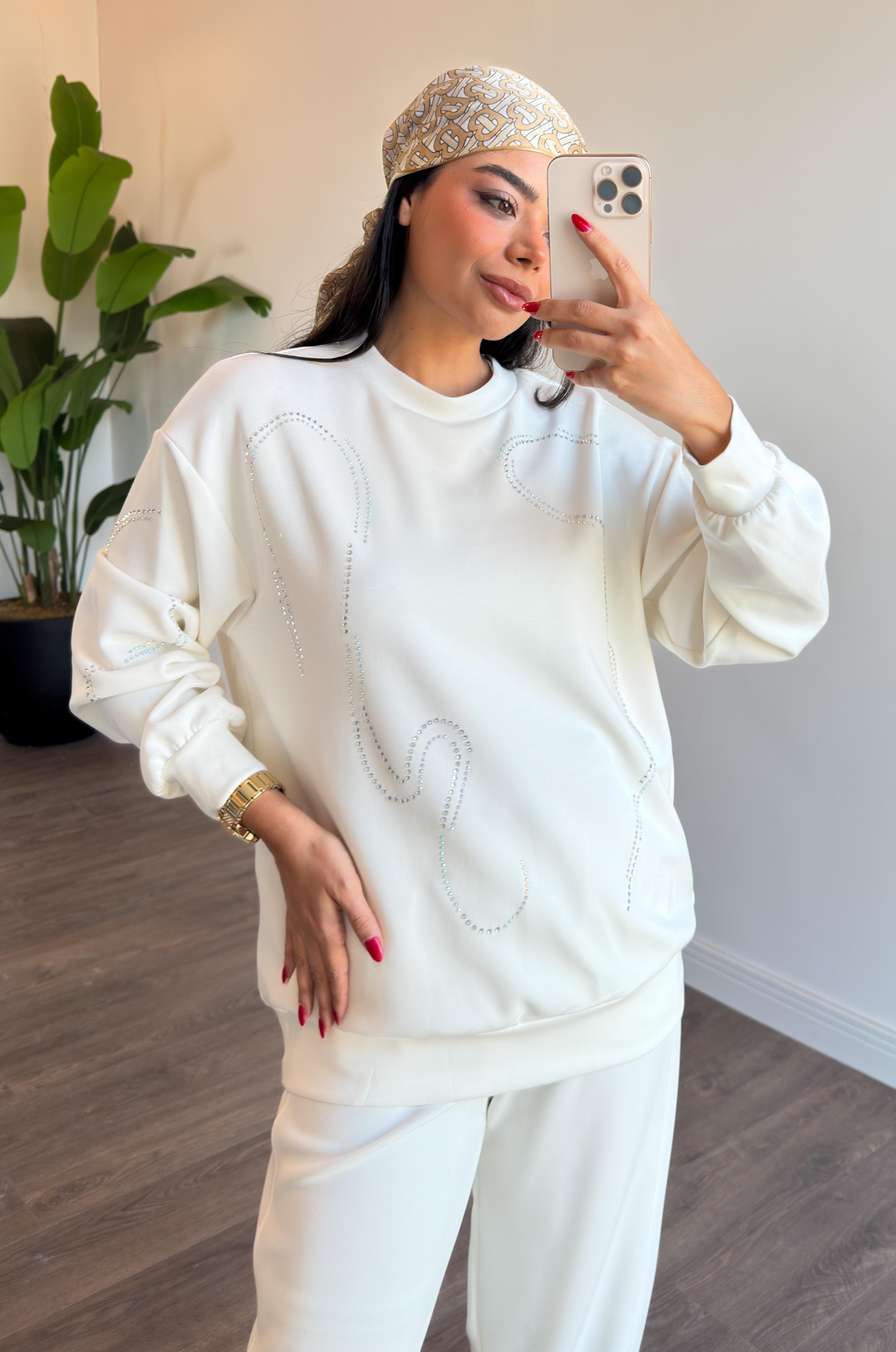 Taş İşleme Detaylı Basic Sweat Tunik - Ekru