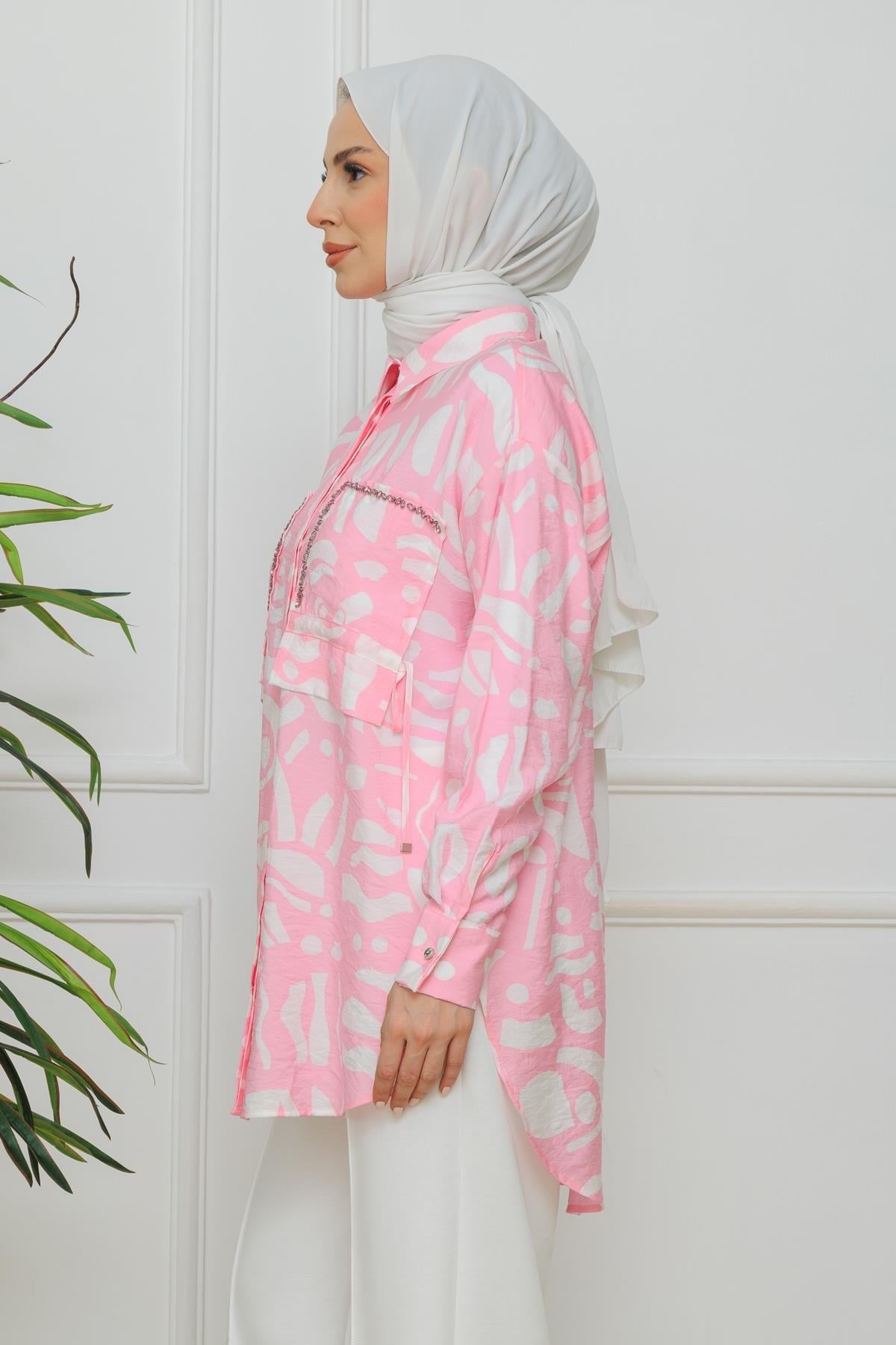 Taş İşlemeli Tensel Gömlek - Pembe
