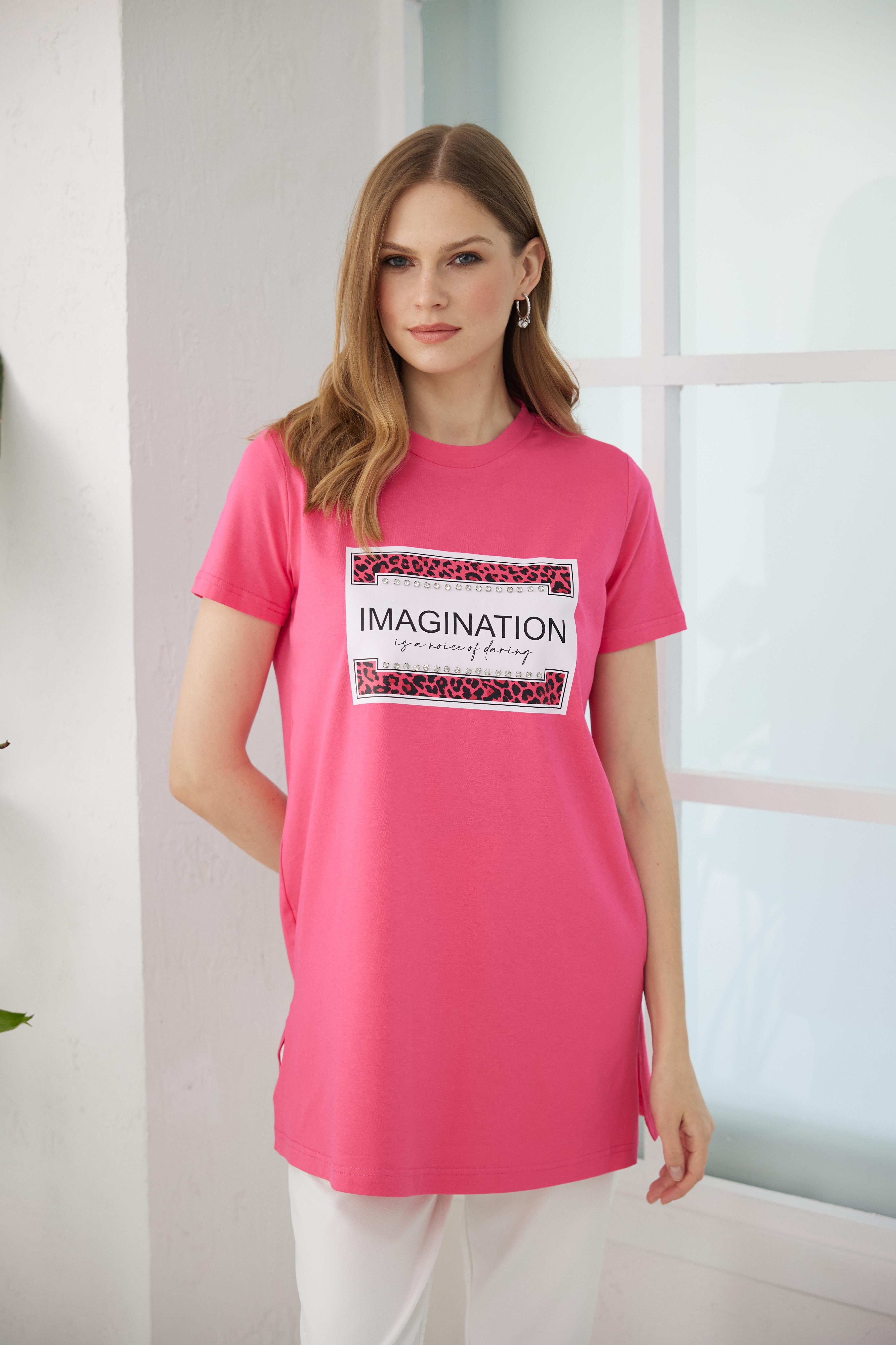 Taşlı Baskılı Tshirt - Fuşya