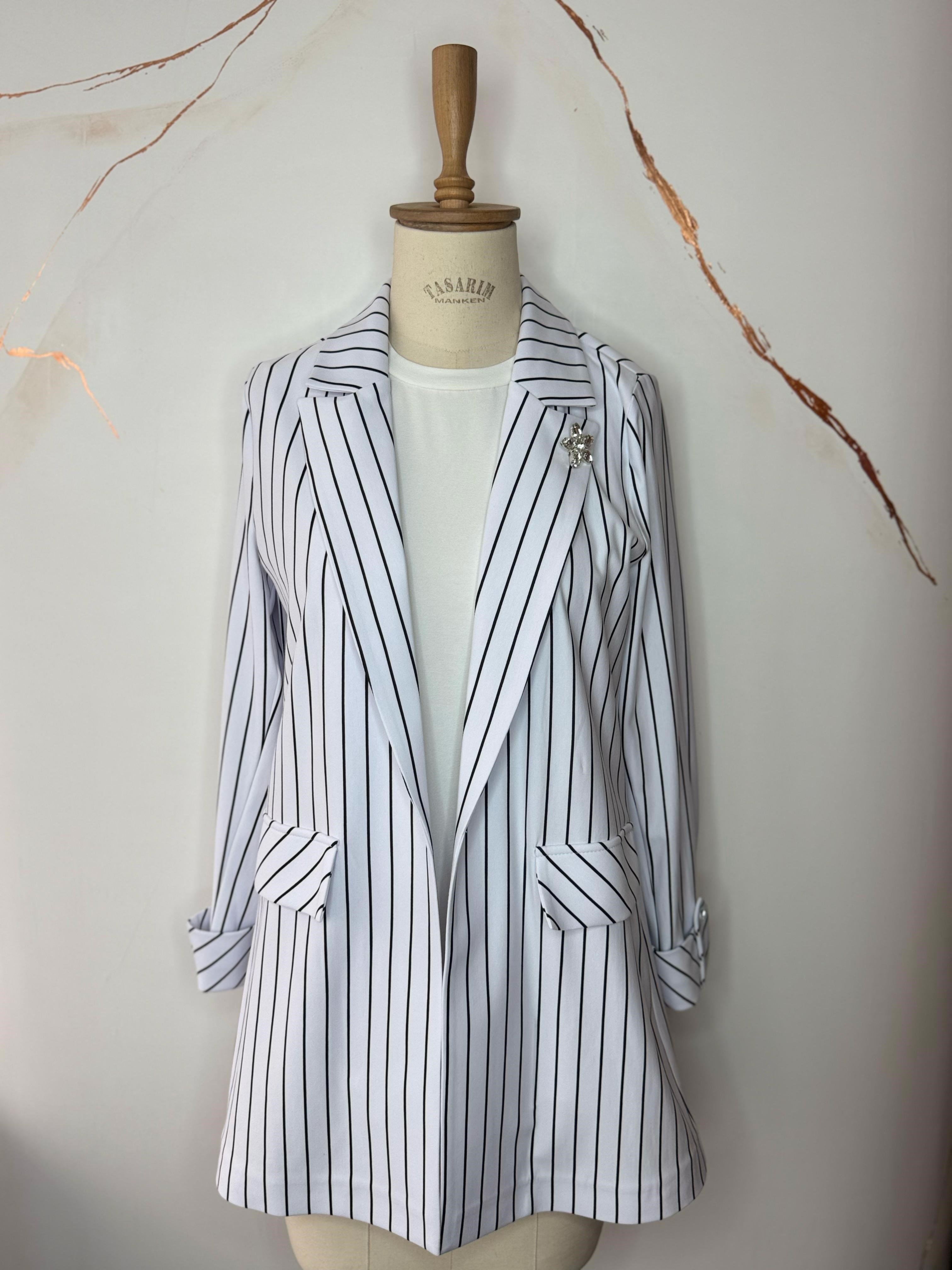 Taşlı Çizgili Blazer Ceket - Siyah