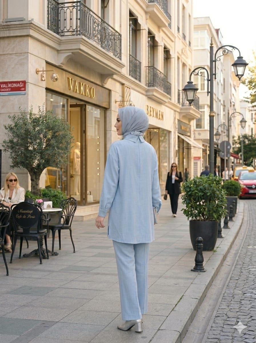 Taşlı Fermuarlı Keten Takım - İndigo