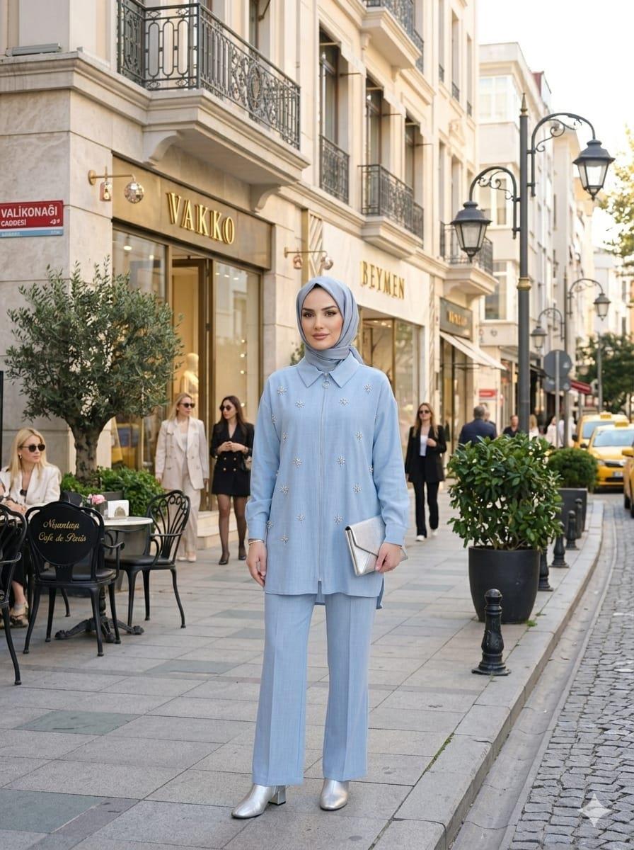 Taşlı Fermuarlı Keten Takım - İndigo