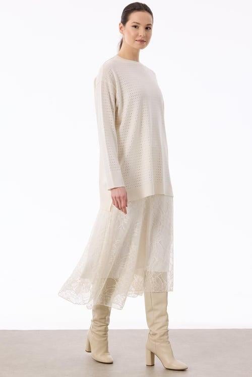 Tığ Triko Taş Baskılı Rayon Tunik 21717 - VANİLYA
