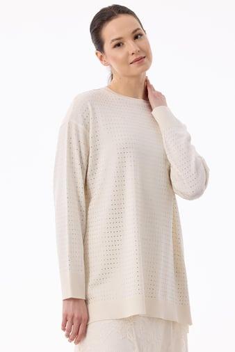 Tığ Triko Taş Baskılı Rayon Tunik 21717 - VANİLYA