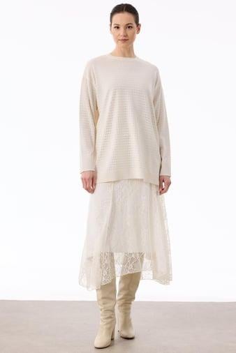 Tığ Triko Taş Baskılı Rayon Tunik 21717 - VANİLYA