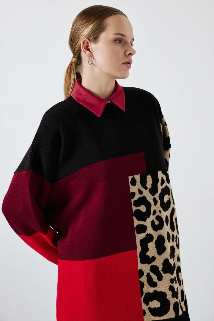 Touche Leopar Blok Desenli Triko Tunik - Desenli