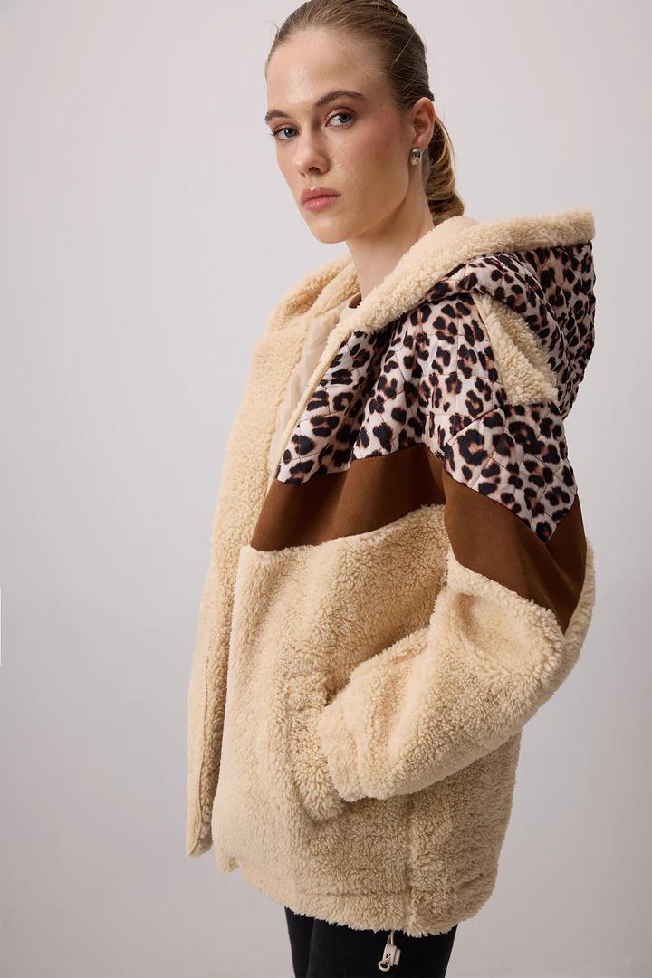 Touche Leopar Desenli Teddy Ceket - Bej