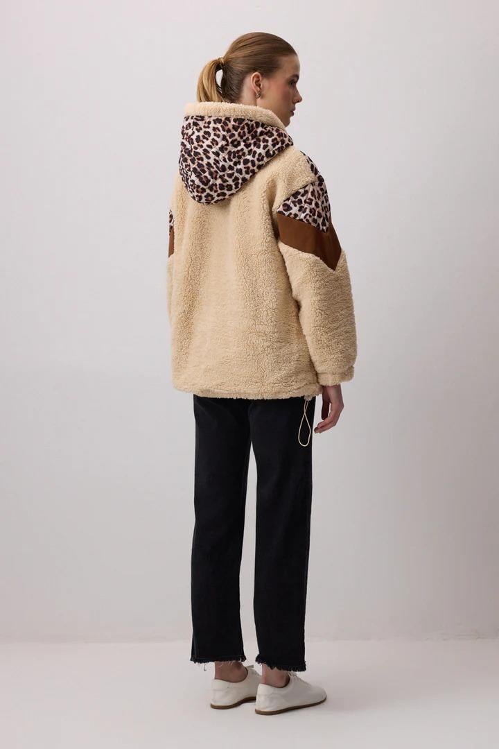 Touche Leopar Desenli Teddy Ceket - Bej
