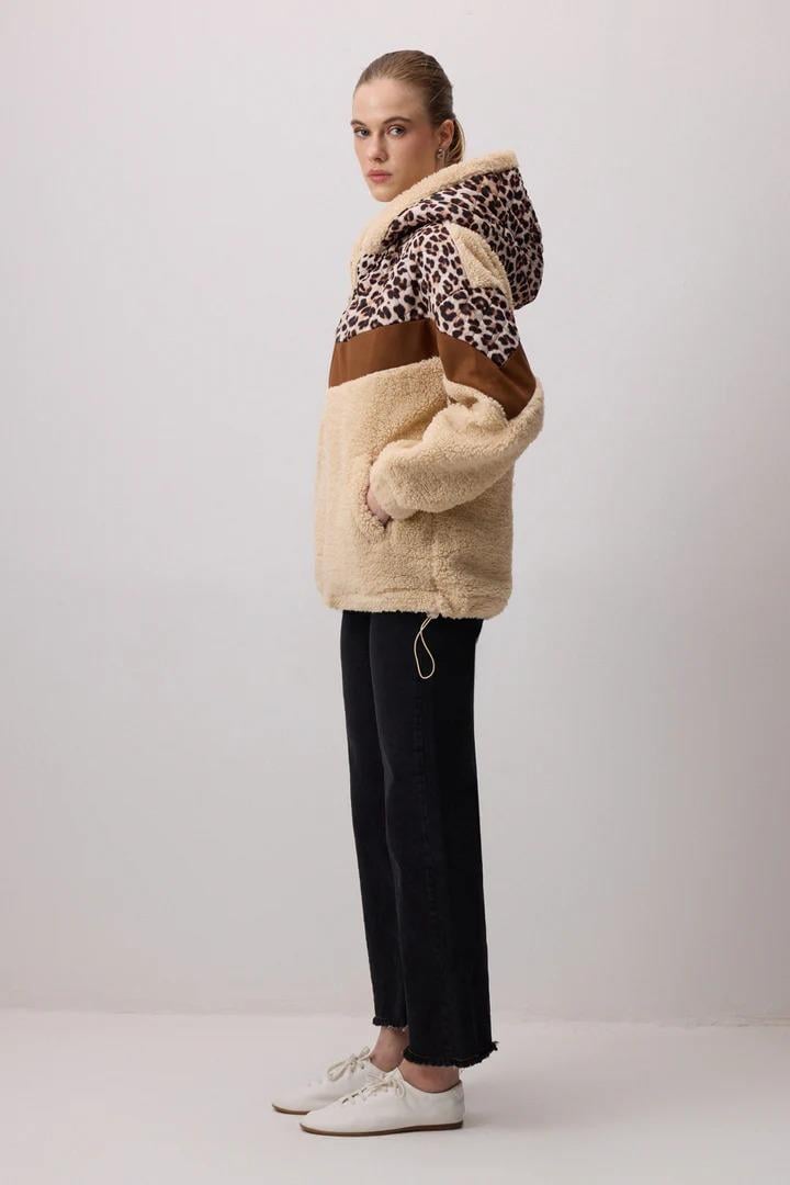 Touche Leopar Desenli Teddy Ceket - Bej