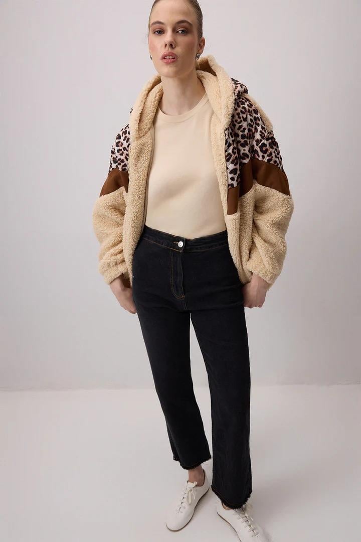 Touche Leopar Desenli Teddy Ceket - Bej