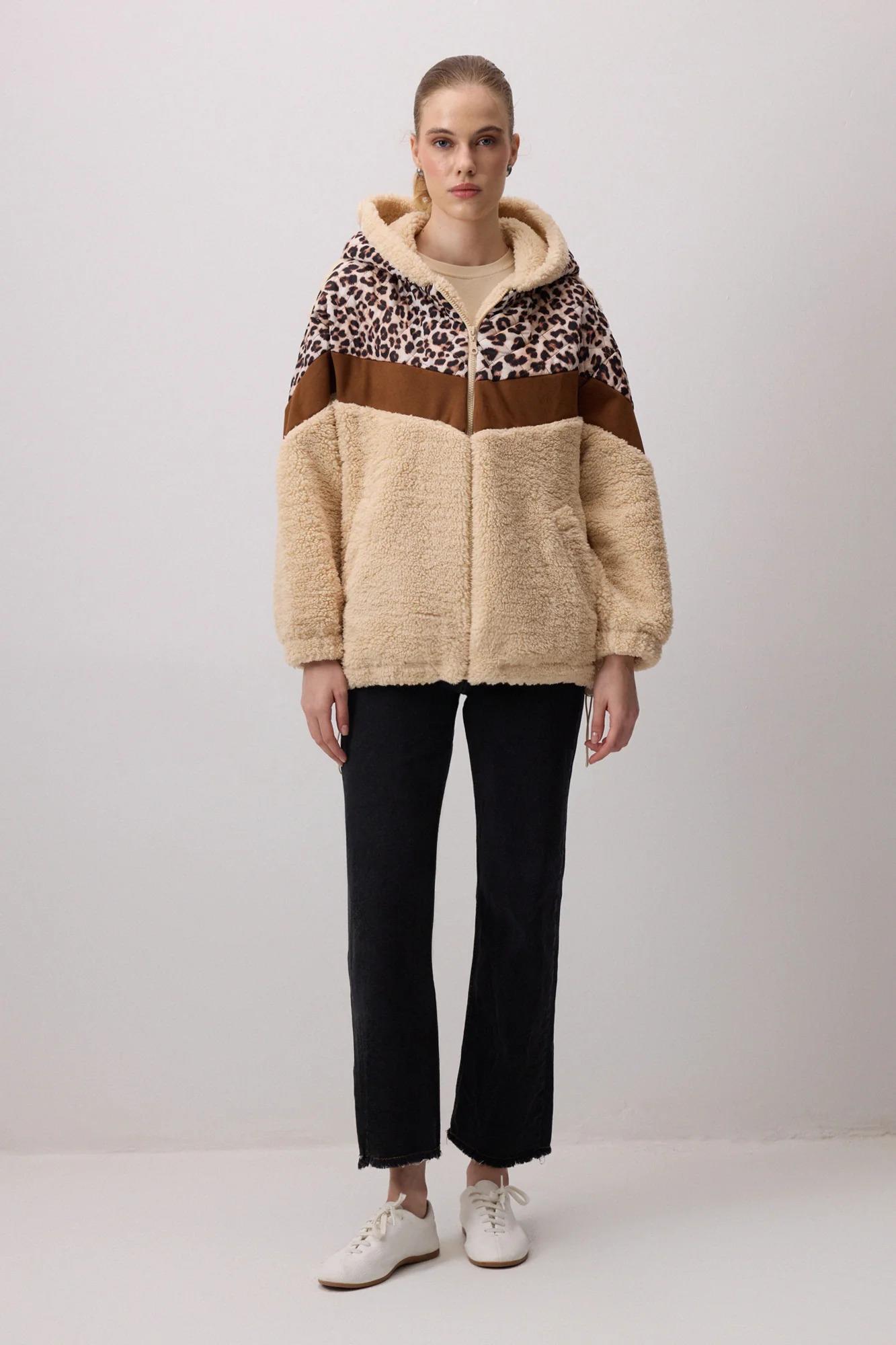 Touche Leopar Desenli Teddy Ceket - Bej